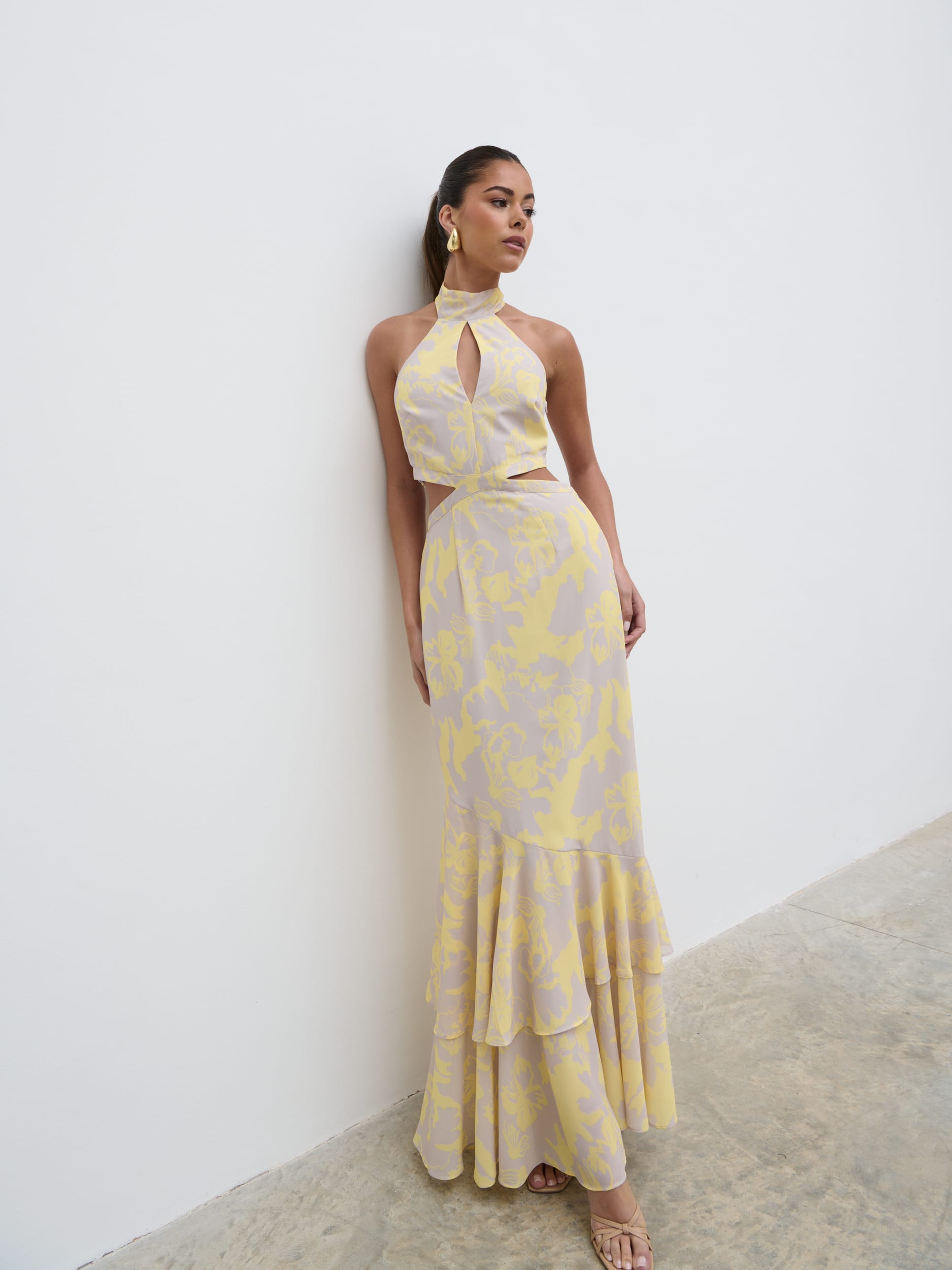 Nova Maxi Dress Lemon and Beige Floral - Main Image