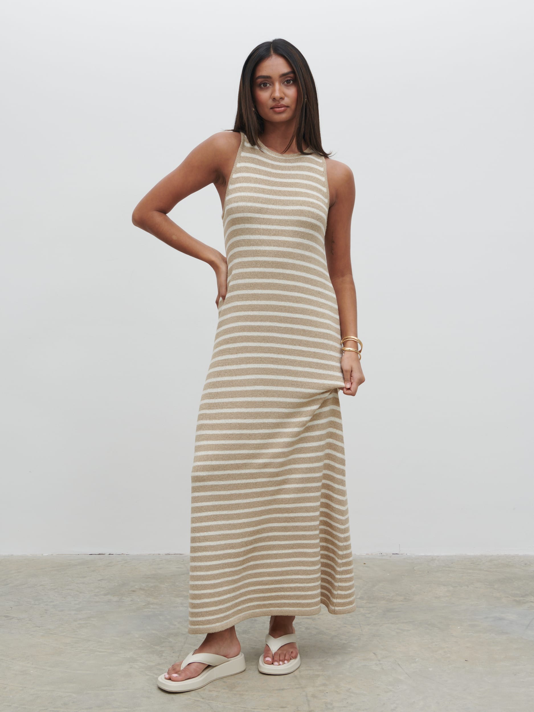 Ocean Stripe Knit Midaxi Dress - Beige and Cream Ocean Stripe Knit Midaxi Dress - Beige and Cream