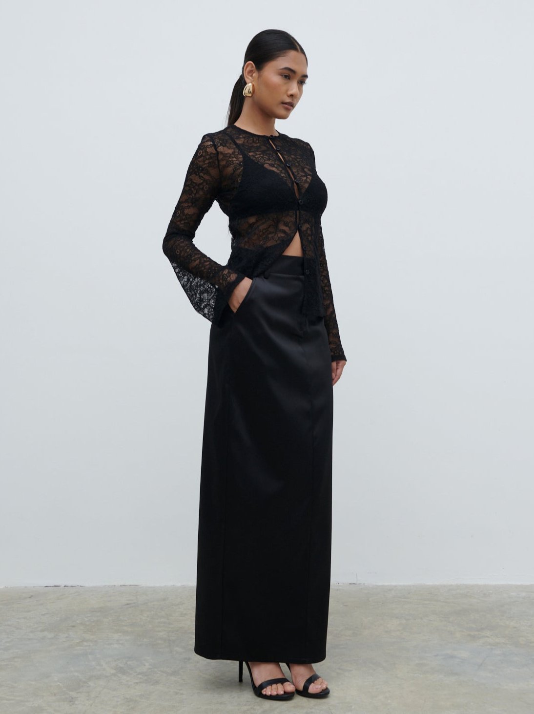 Beck Satin Tailored Maxi Skirt - Black