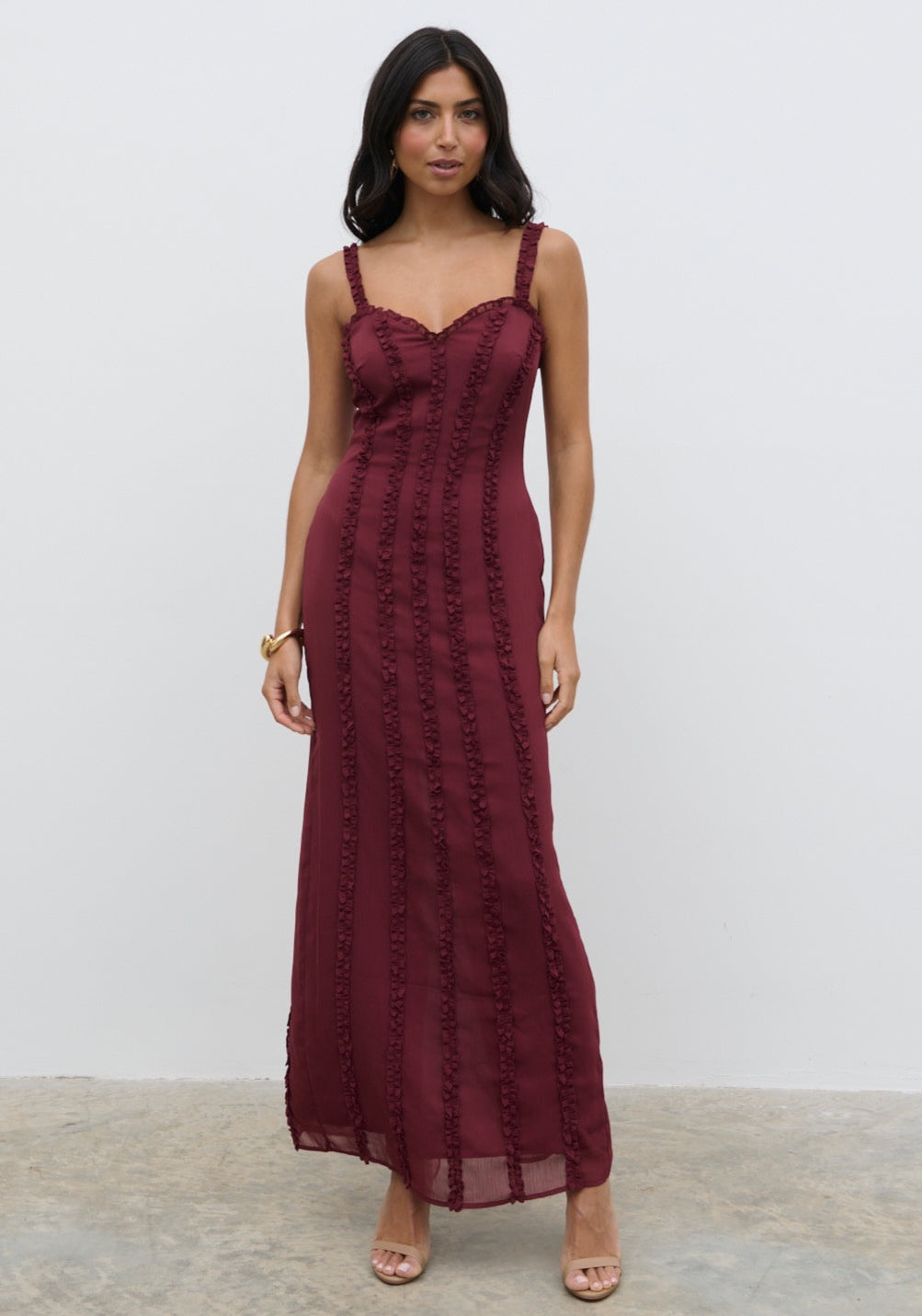 Ola Sweetheart Frill Maxi Dress - Wine