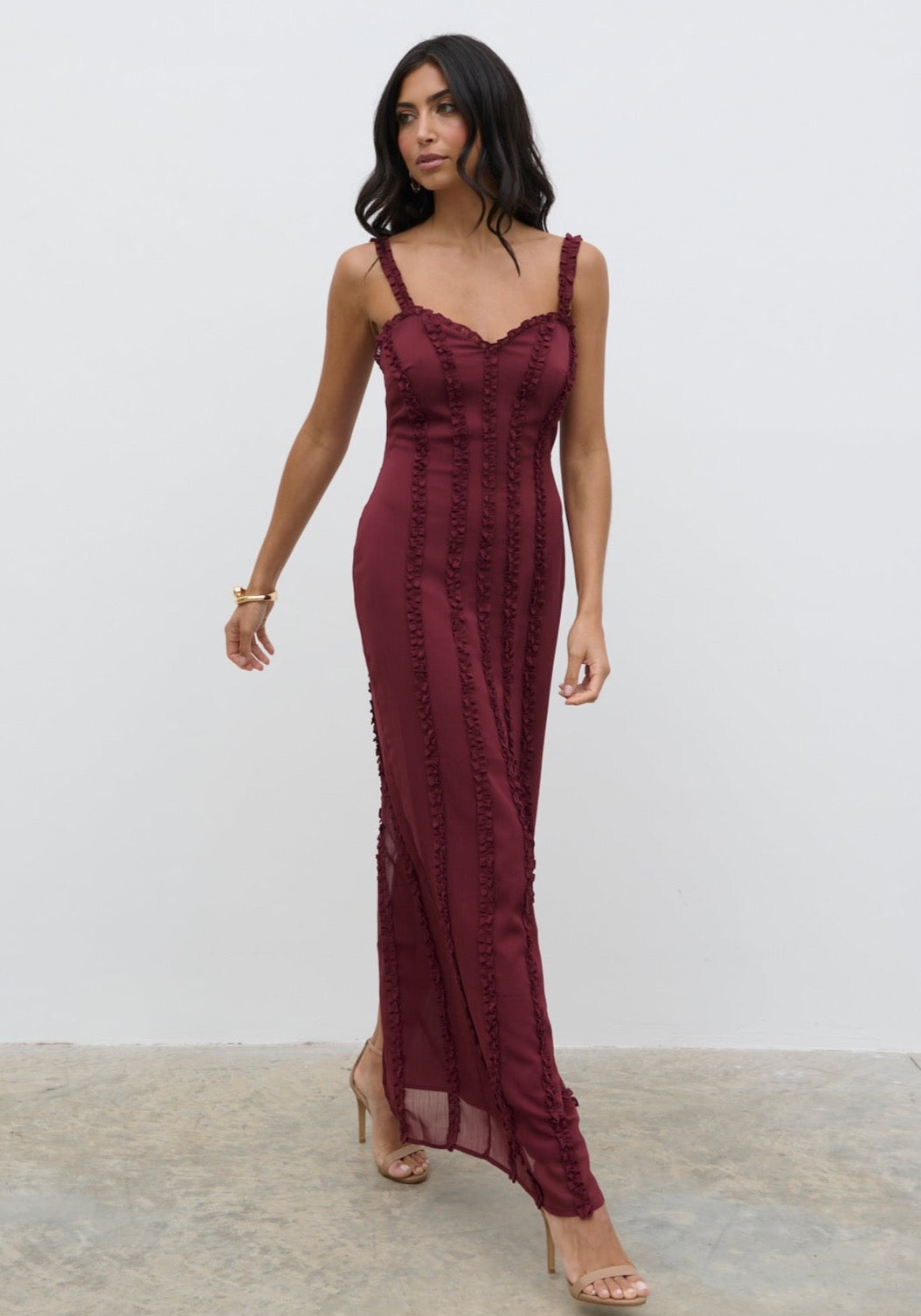 Ola Sweetheart Frill Maxi Dress - Wine