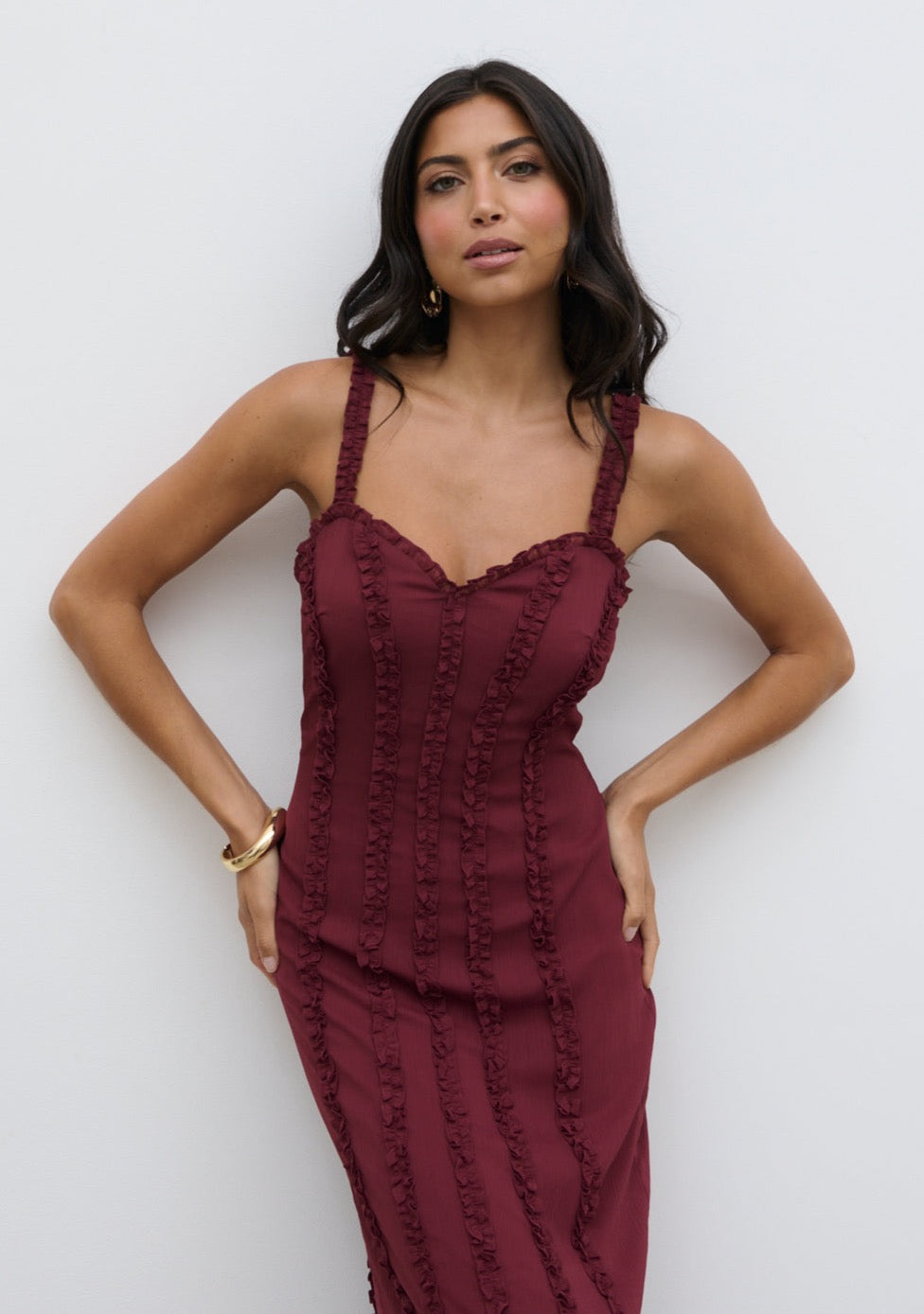 Ola Sweetheart Frill Maxi Dress - Wine