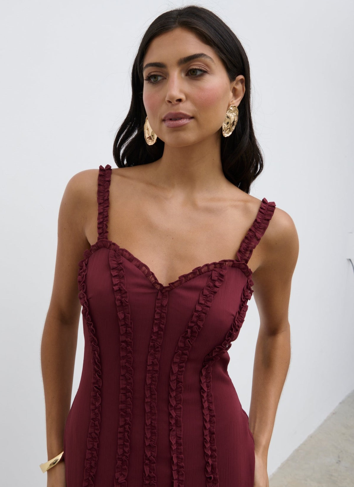 Ola Sweetheart Frill Maxi Dress - Wine