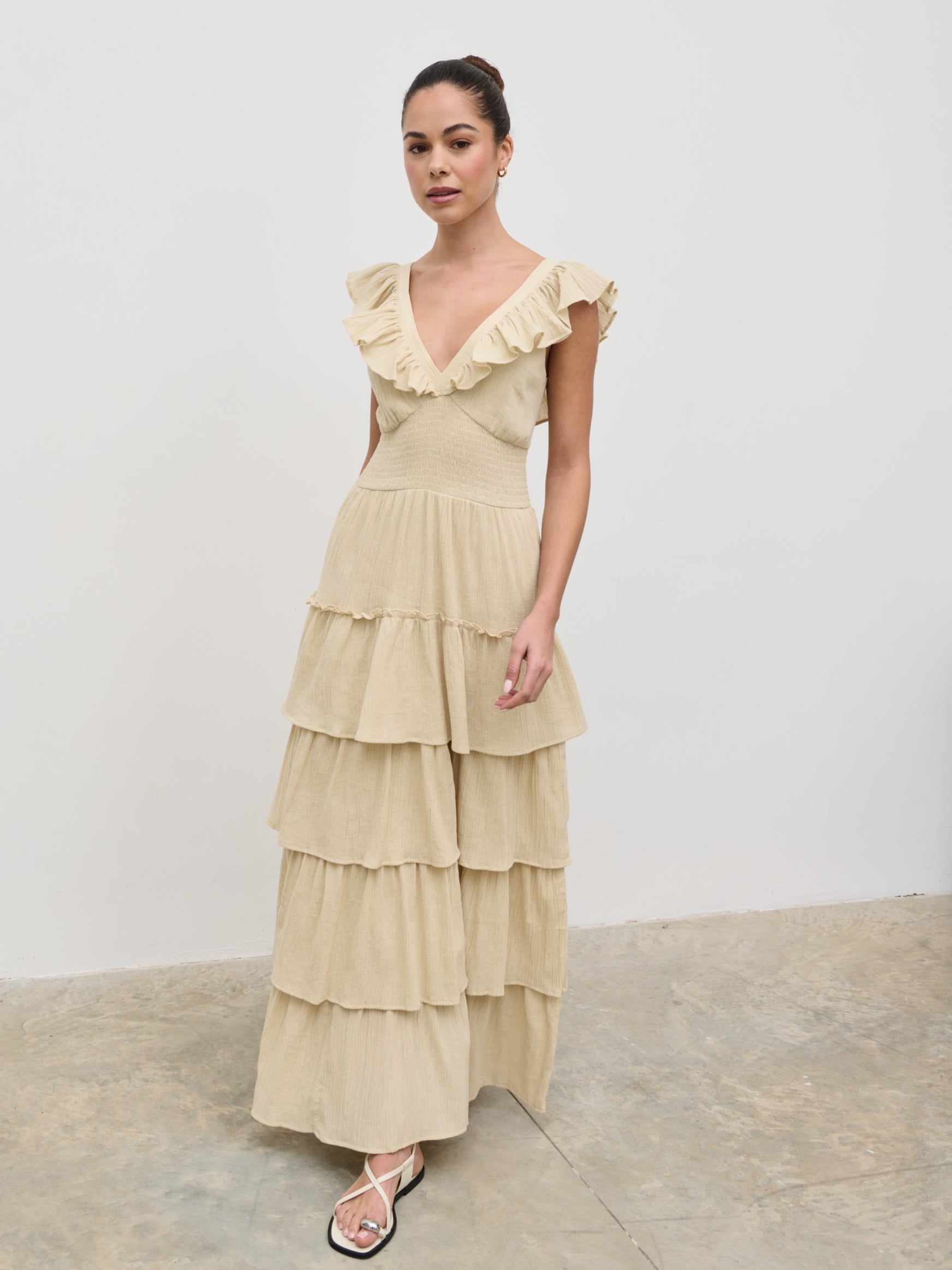 Opal Ruffle Maxi Dress - Beige Pretty Lavish Opal Ruffle Maxi Dress - Beige Pretty Lavish