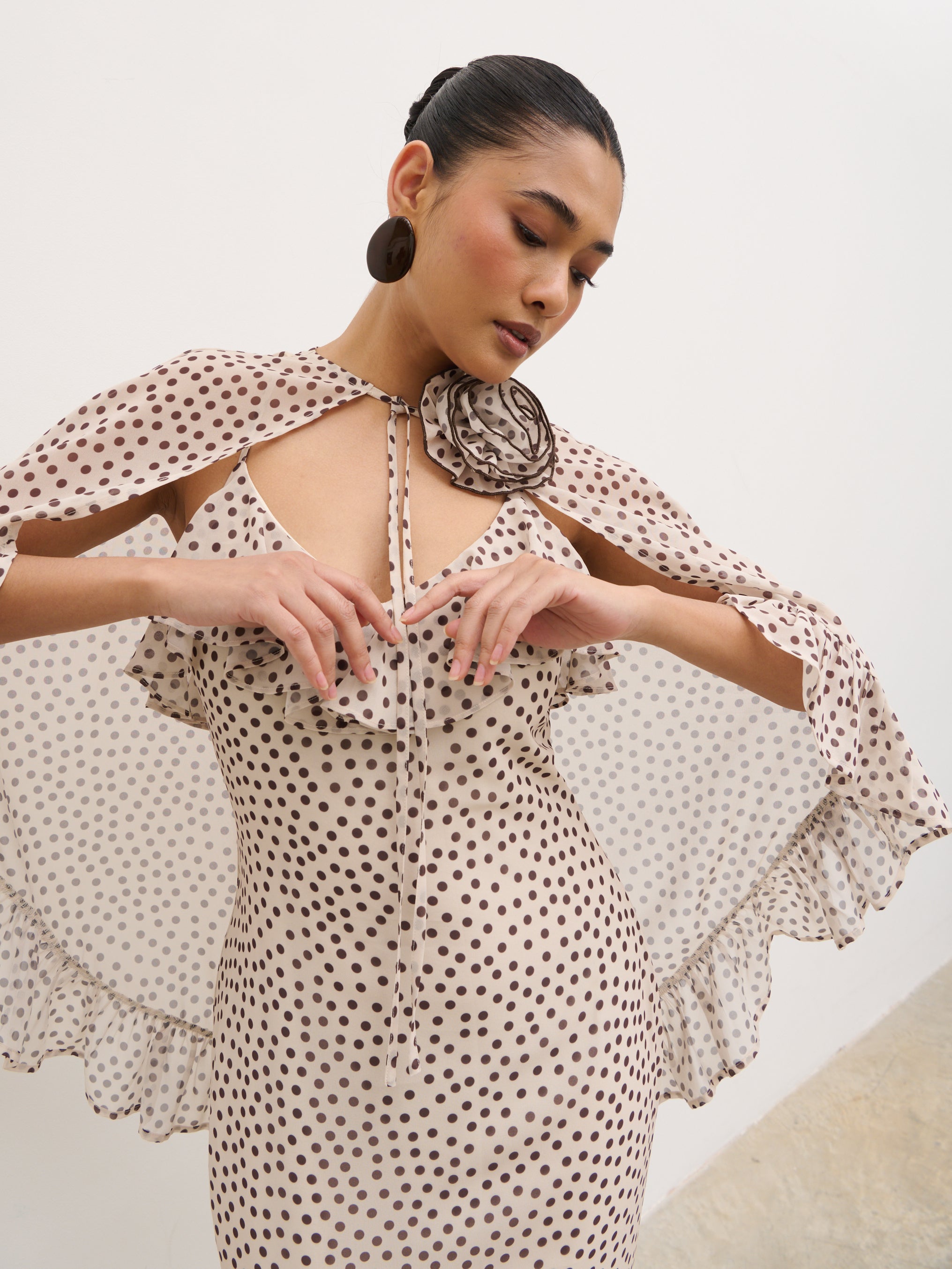 Oriana Corsage Cape Maxi Dress - Cream and Brown Polkadot Pretty Lavish Oriana Corsage Cape Maxi Dress - Cream and Brown Polkadot Pretty Lavish