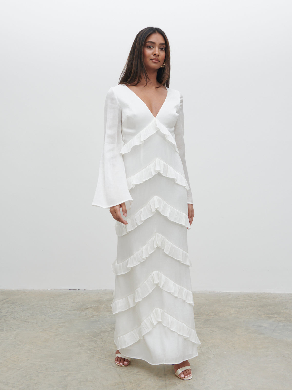 Paige Ruffle Metallic Maxi Dress - Ivory – Pretty Lavish
