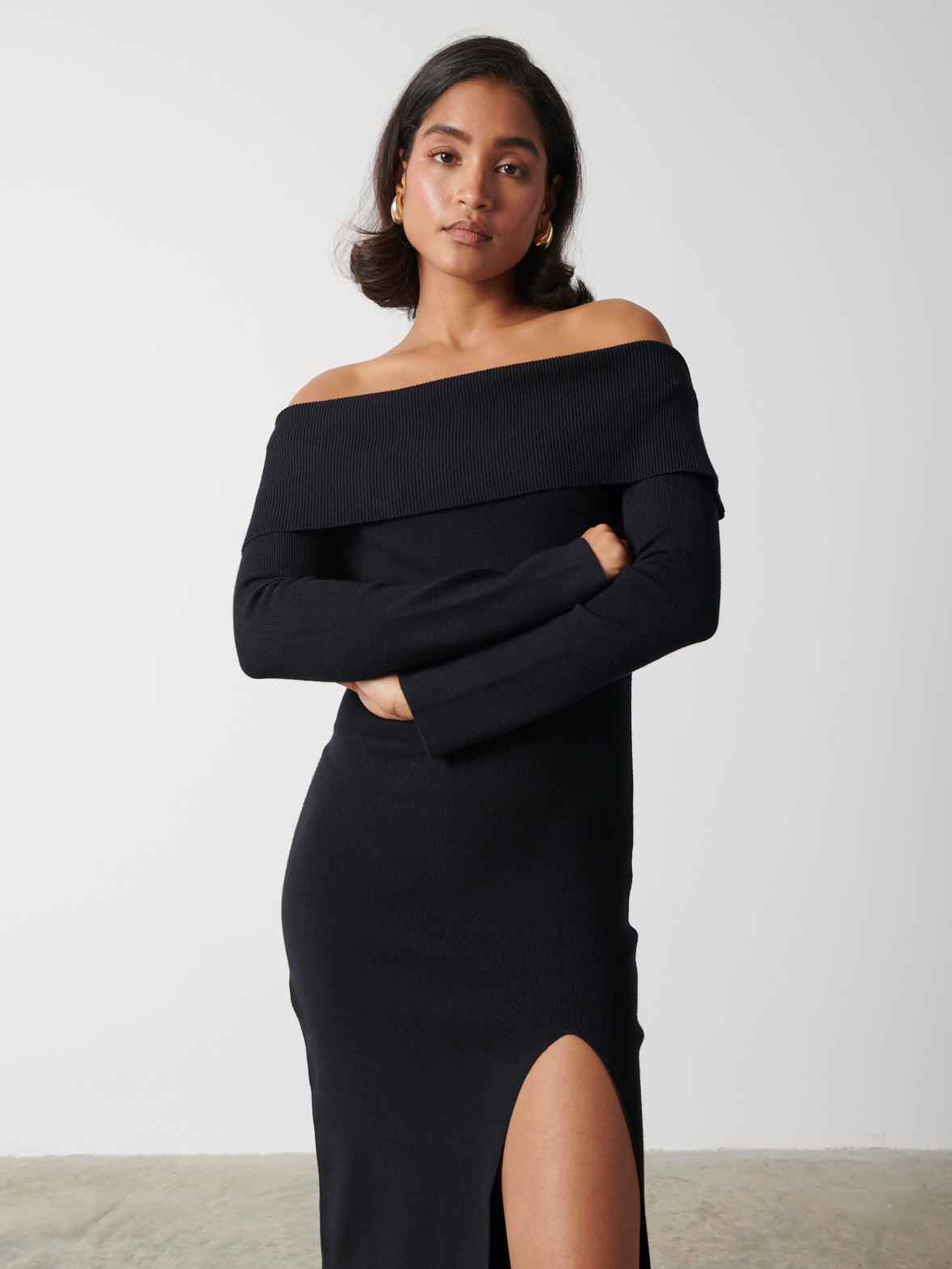 Payton Asymmetric Bardot Knit Dress - Black