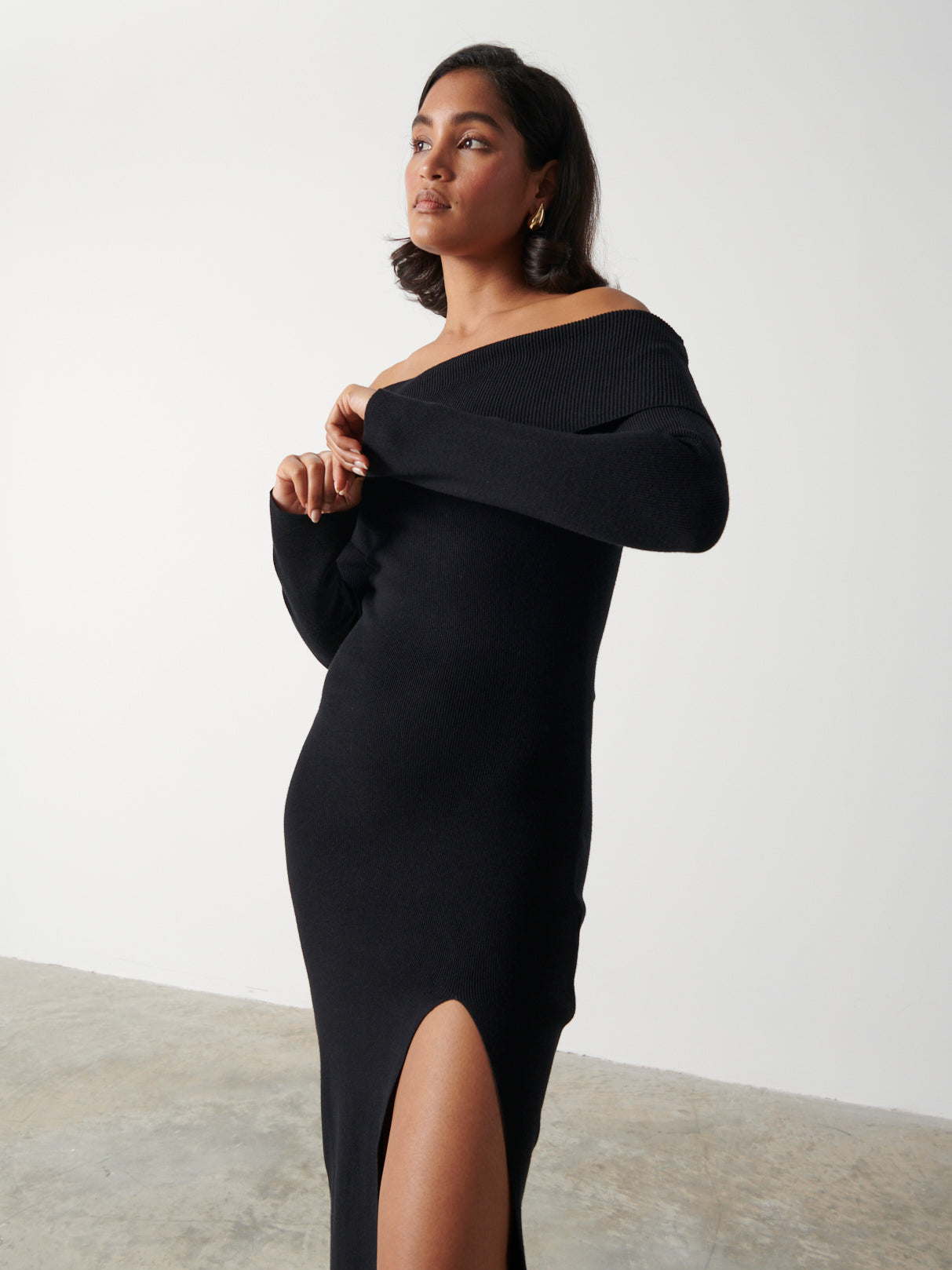 Payton Asymmetric Bardot Knit Dress - Black
