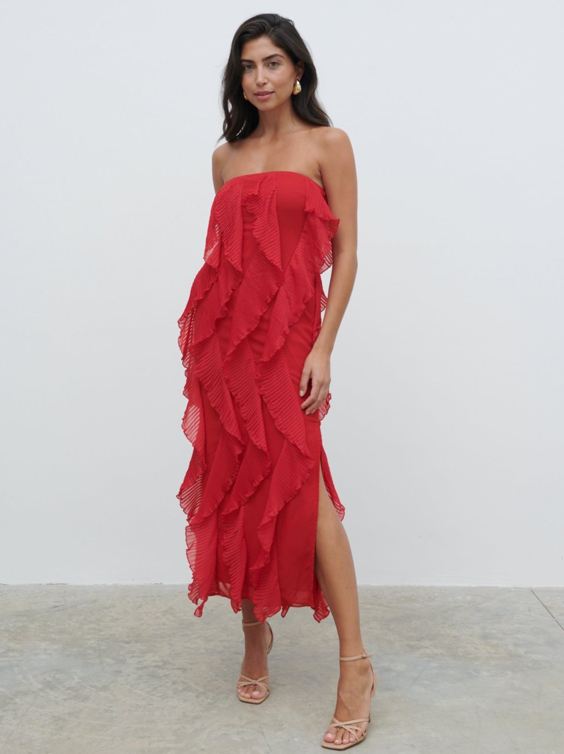 Perla Bandeau Ruffle Midaxi Dress - Red