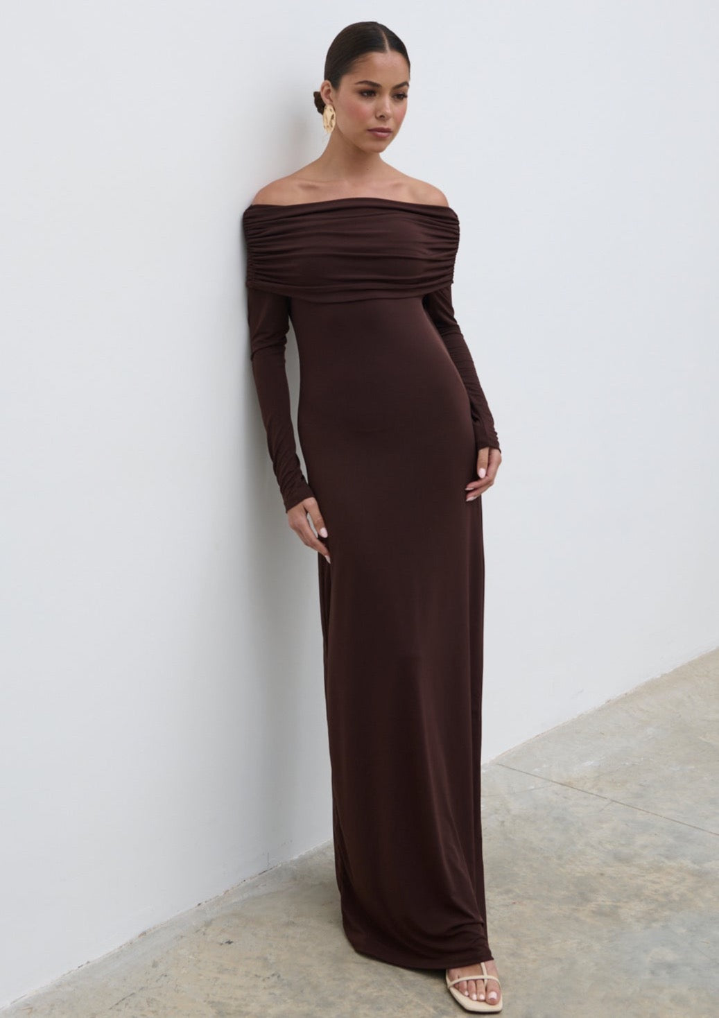 Perrie Bardot Jersey Maxi Dress - Brown