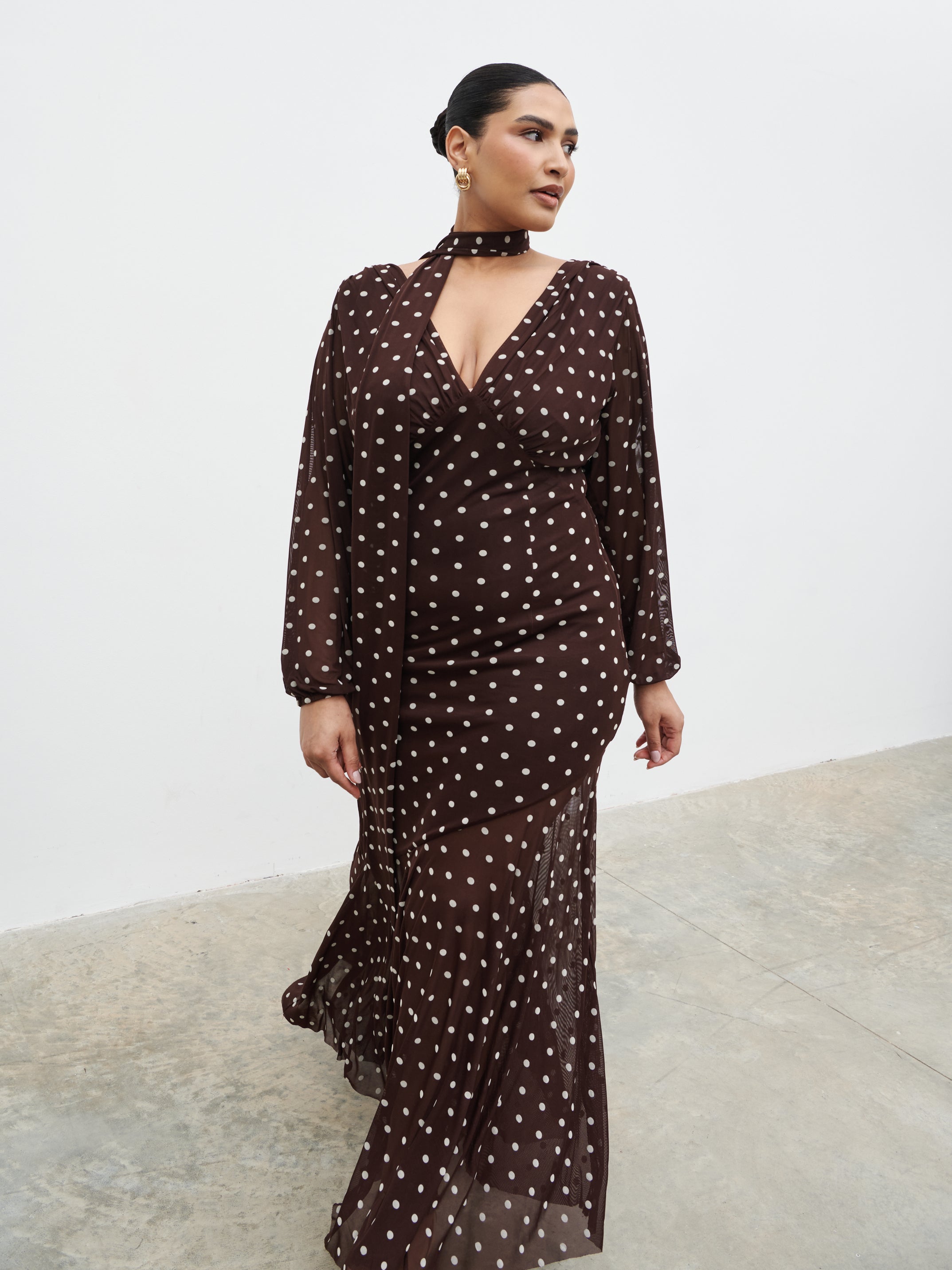 Petula Scarf Mesh Maxi Dress Curve - Brown and Cream Polkadot Pretty Lavish Petula Scarf Mesh Maxi Dress Curve - Brown and Cream Polkadot Pretty Lavish