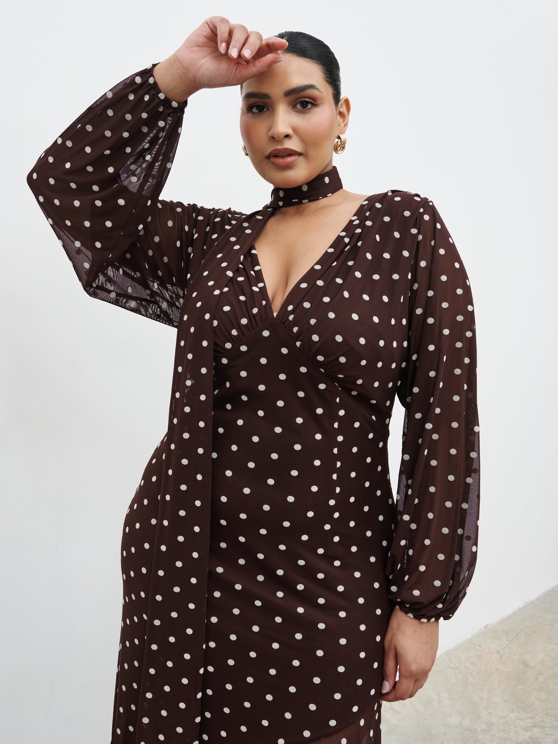 Petula Scarf Mesh Maxi Dress Curve - Brown and Cream Polkadot Pretty Lavish Petula Scarf Mesh Maxi Dress Curve - Brown and Cream Polkadot Pretty Lavish
