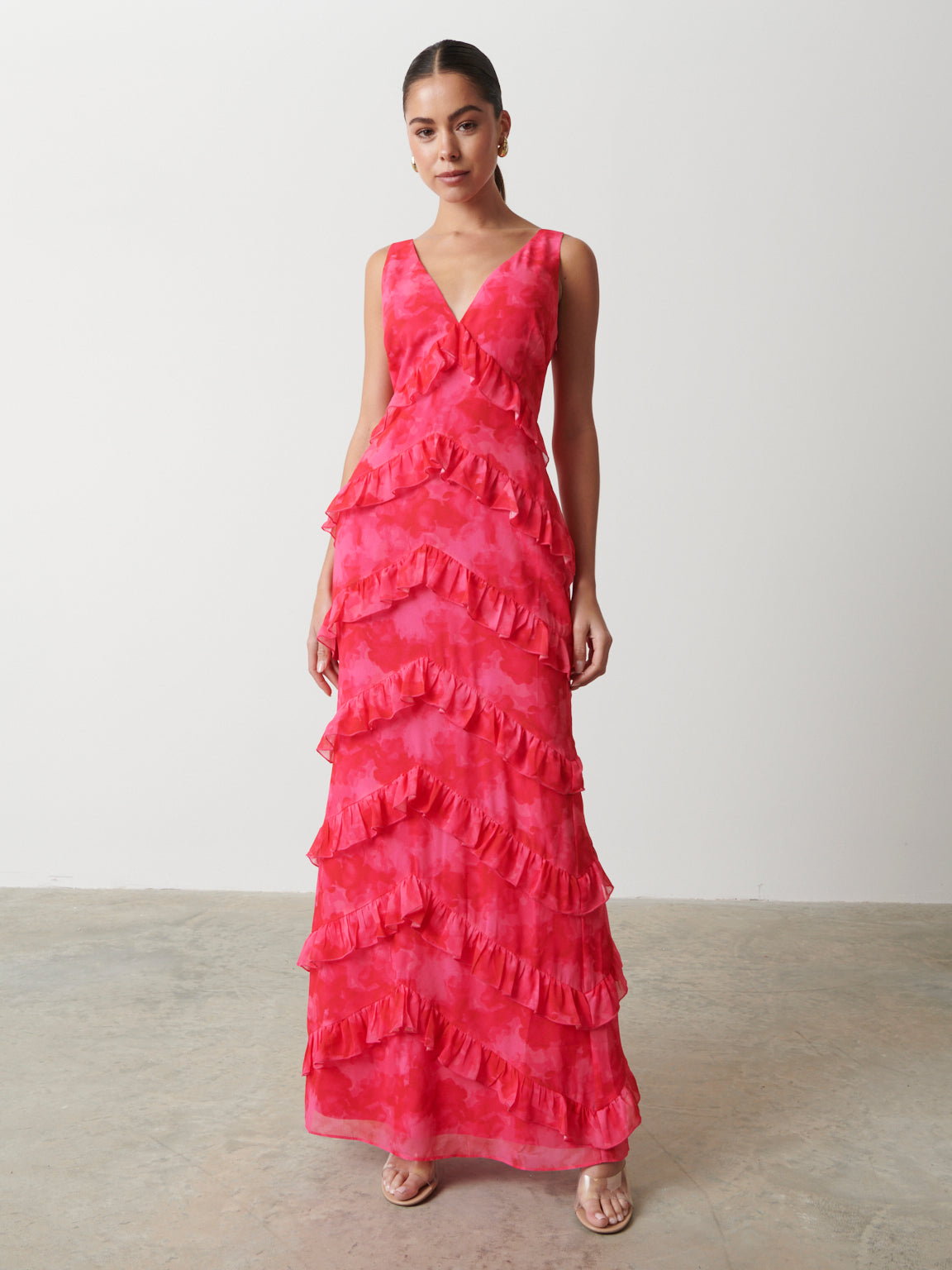 Piper Ruffle Maxi Dress - Pink and Red Watercolour