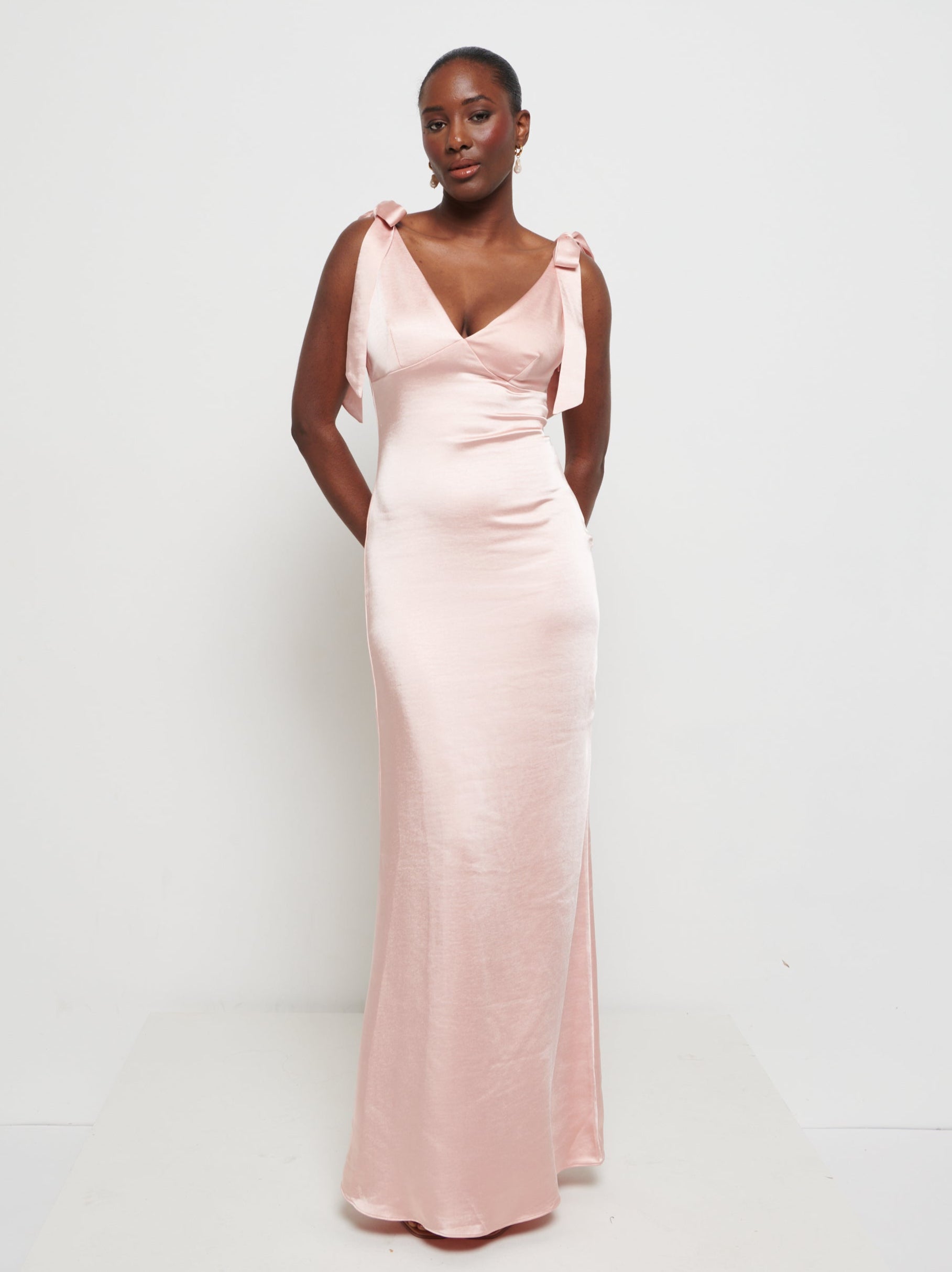 long pink bridesmaid dresses Cowl Flutter Sleeve Satin Dress this sophisticated long dress will be your partner New Bridesmaid Color: Dusty Pink