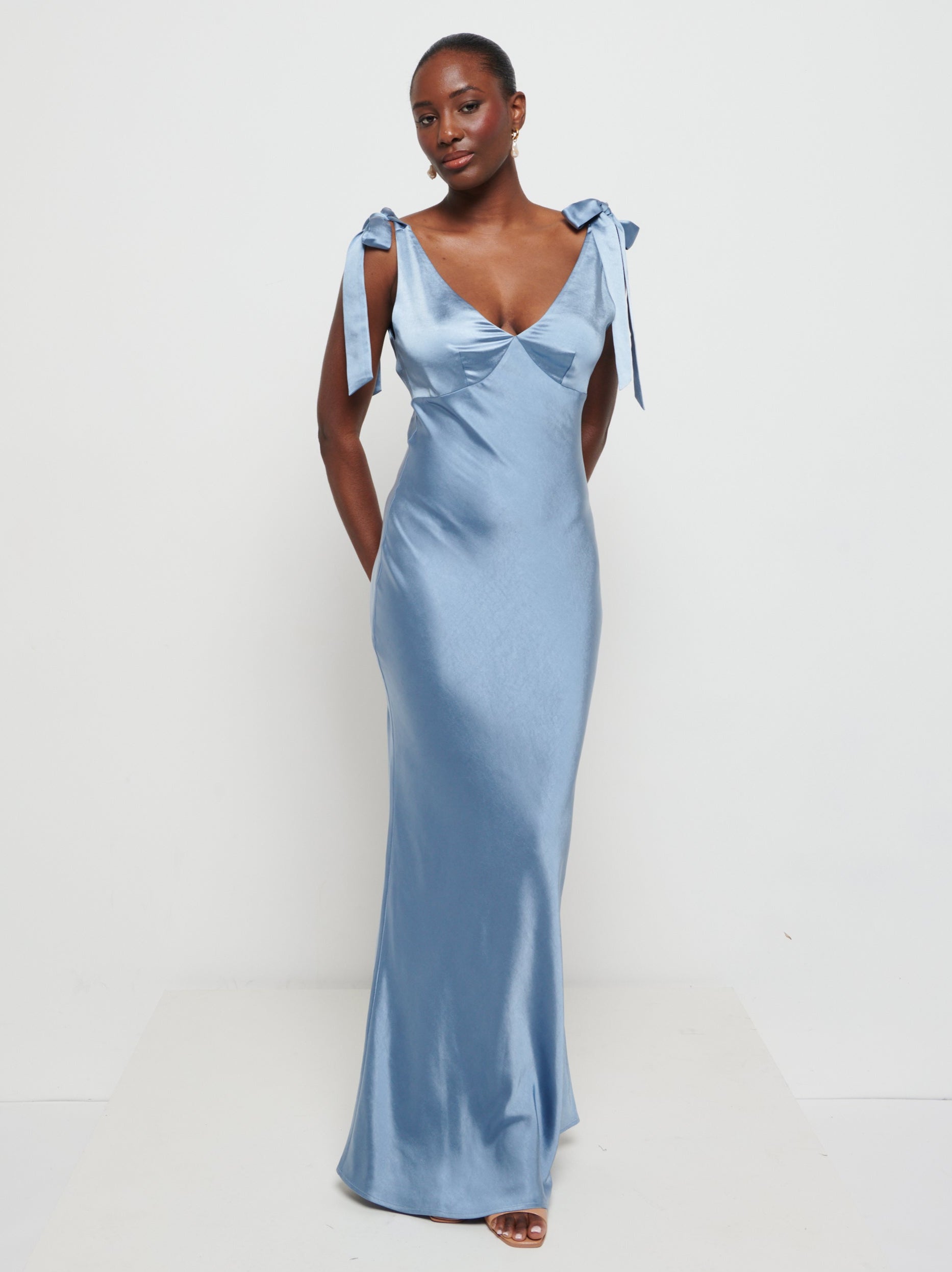 Cowl Neck Light Blue Maxi Dress Bridesmaid Chiffon One-shoulder