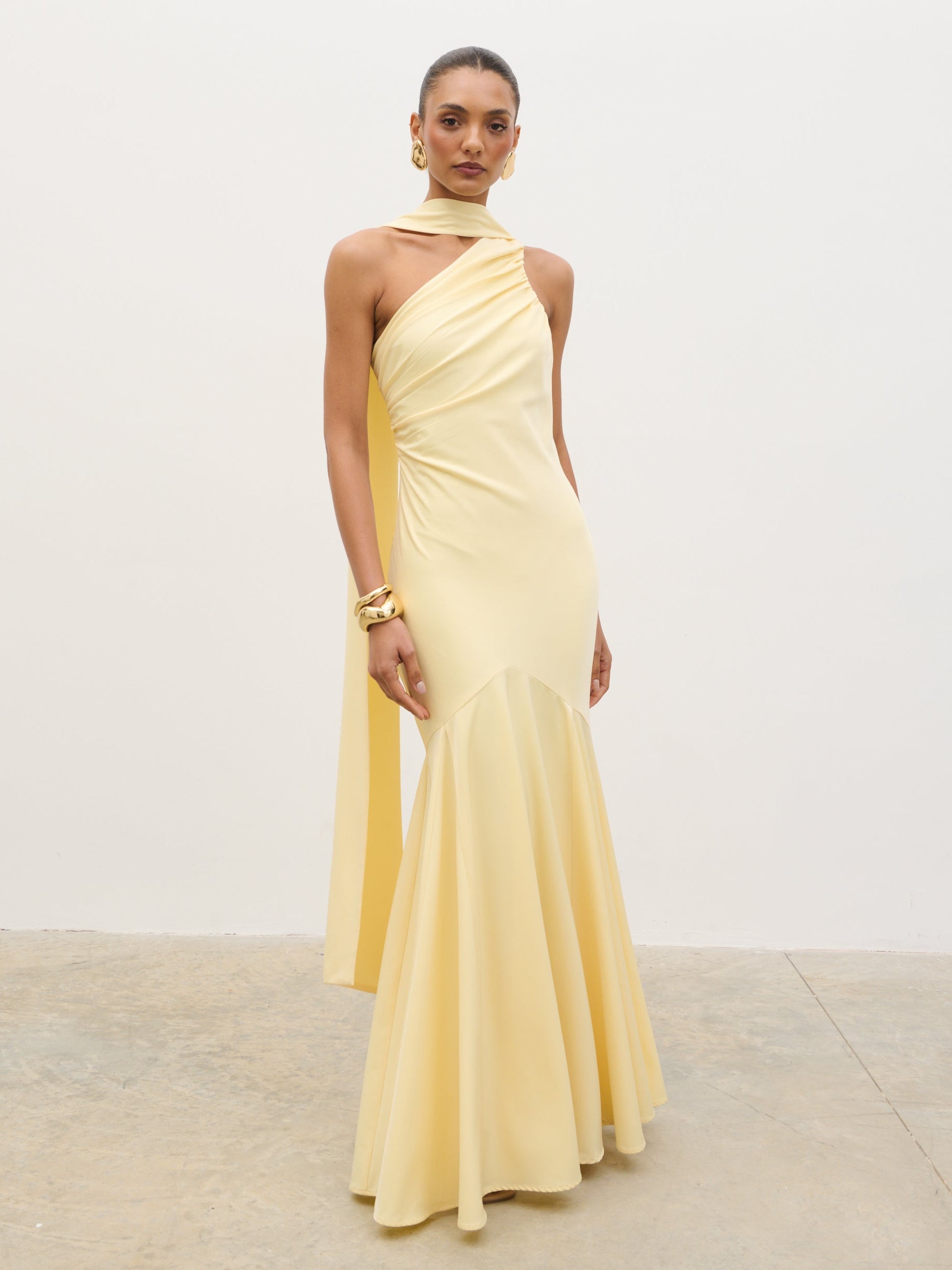 lemon maxi dress uk Glimora | Lemon High-Neck Maxi Dress With Ruched-Detailing Club L London