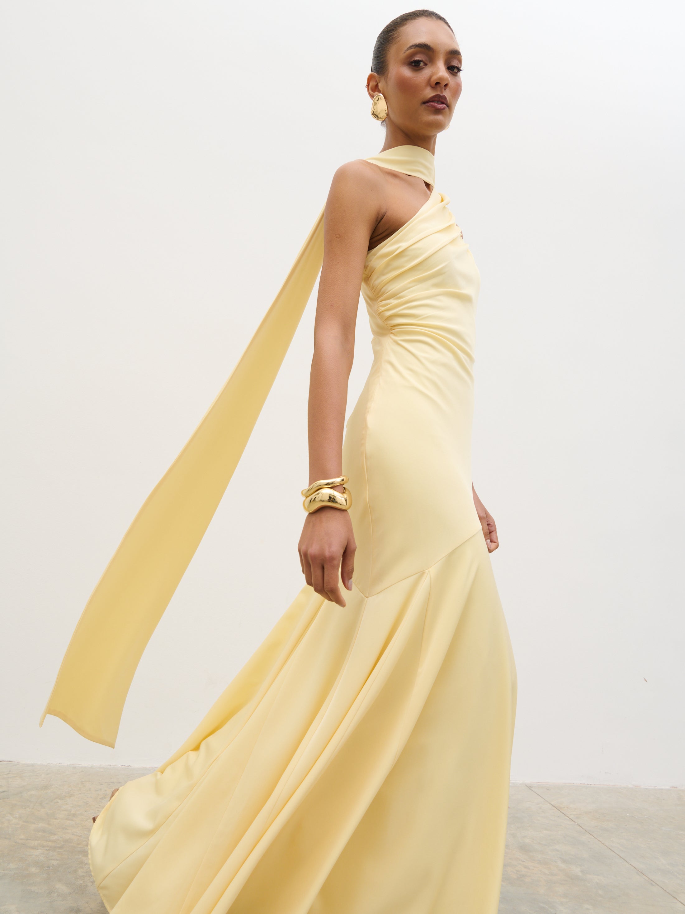 Porto One Shoulder Godet Maxi Dress - Lemon Pretty Lavish Porto One Shoulder Godet Maxi Dress - Lemon Pretty Lavish