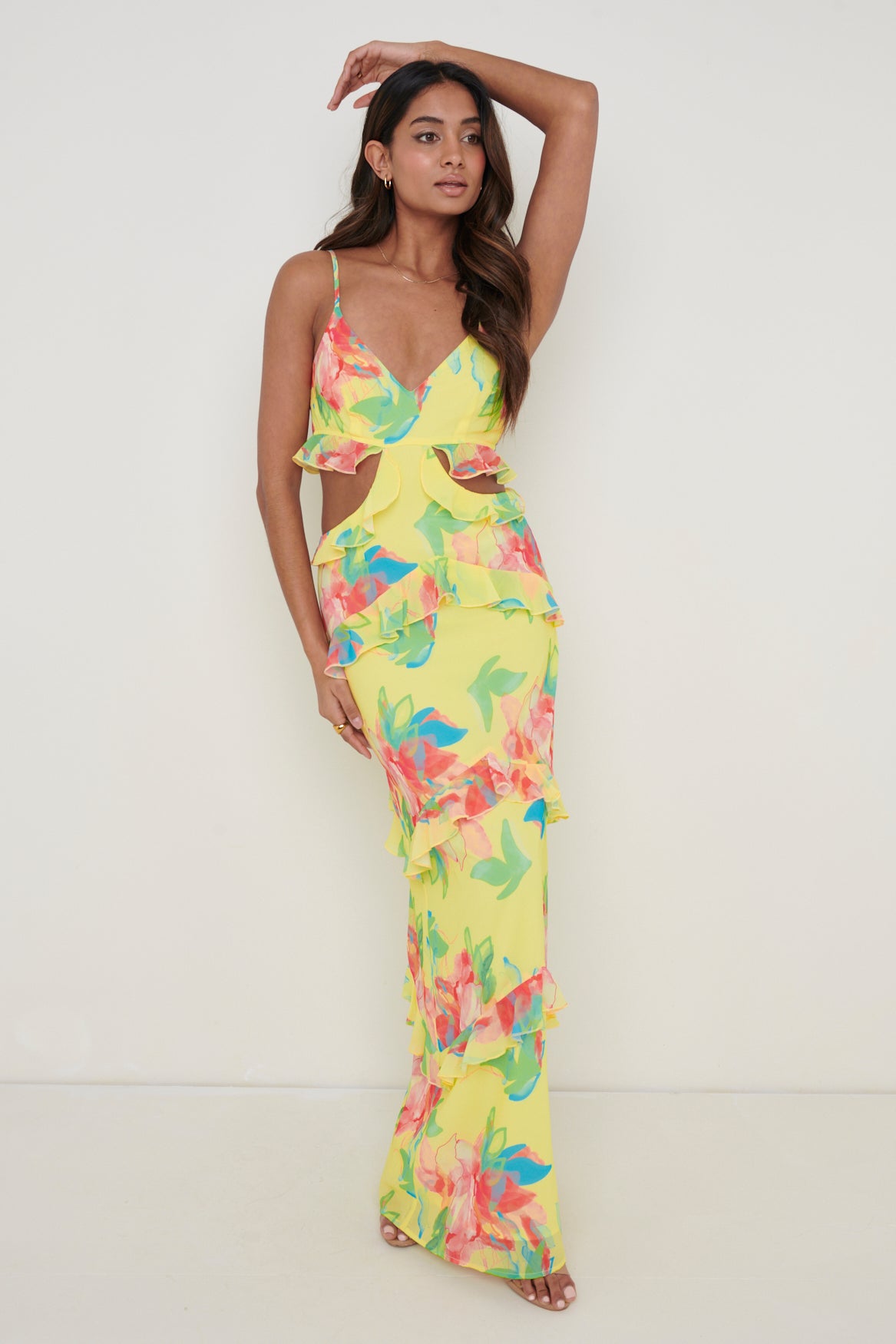 Rinna Cut Out Maxi Dress - Lemon Abstract Floral