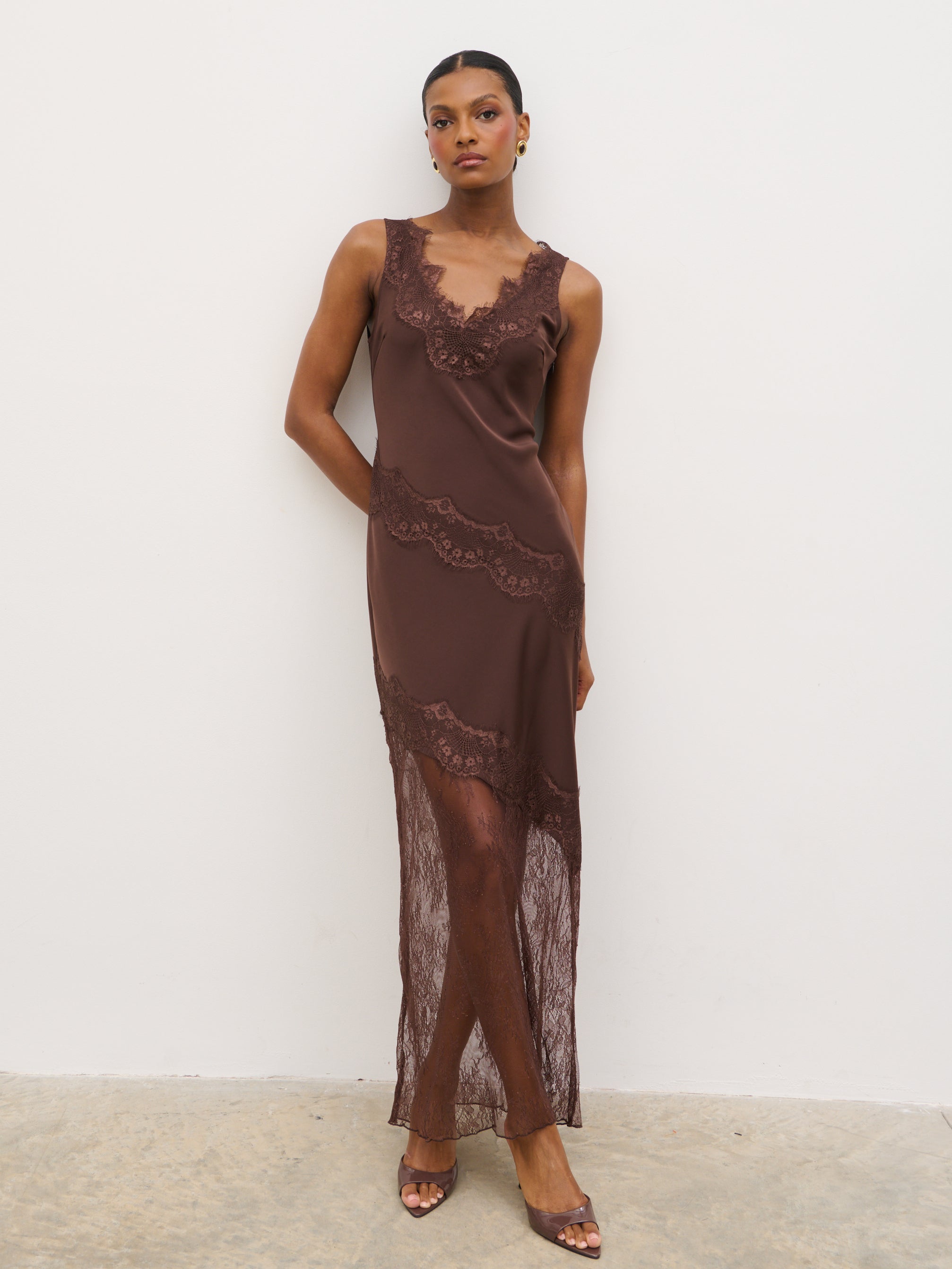 brown slip lace dress Lenny Satin Lace Slip Dress