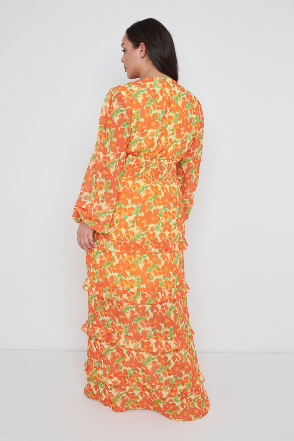 Rochelle Shirred Waist Maxi Dress Curve - Orange and Yellow Floral