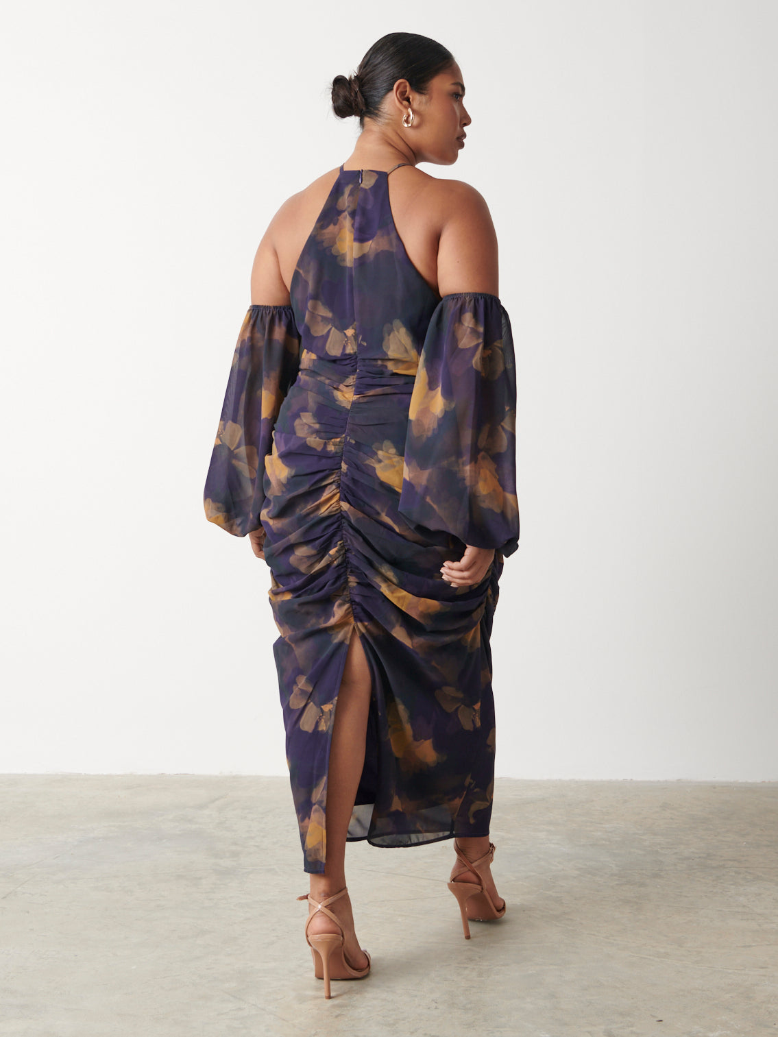 Roma Ruched Midaxi Dress Curve - Dark Amethyst & Saffron Floral