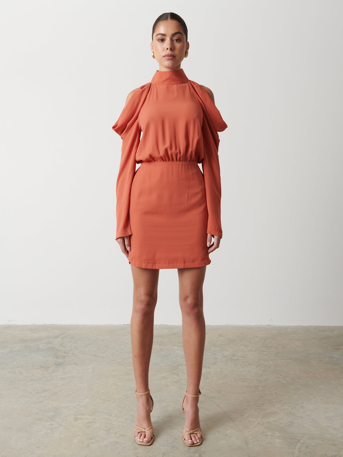 Rosie Cold Shoulder Mini Dress - Terracotta