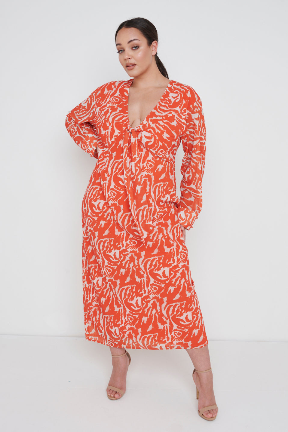 Rosslyn Tied Long Sleeve Midaxi Dress Curve - Orange Zebra – Pretty Lavish