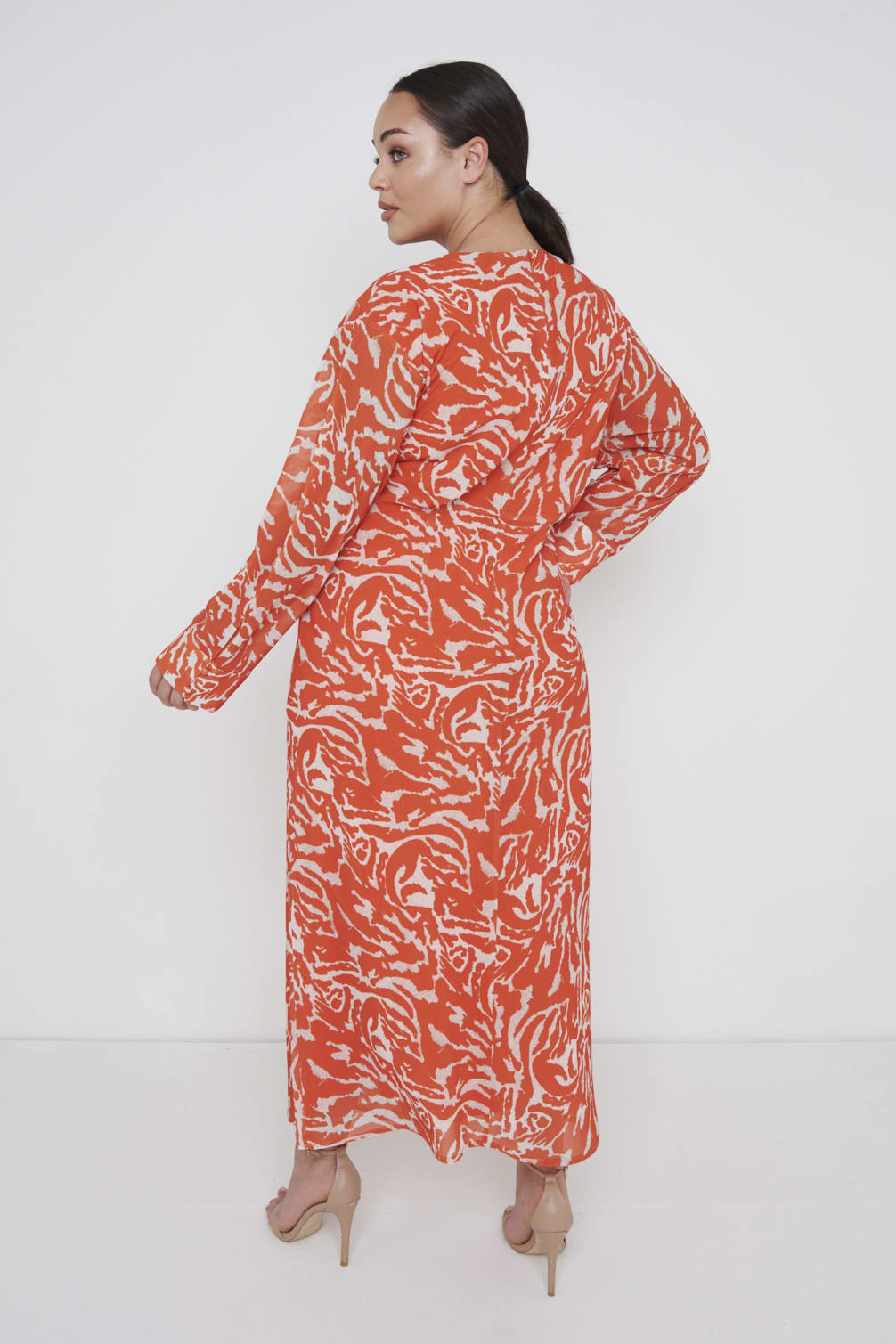 Rosslyn Tied Long Sleeve Midaxi Dress Curve - Orange Zebra