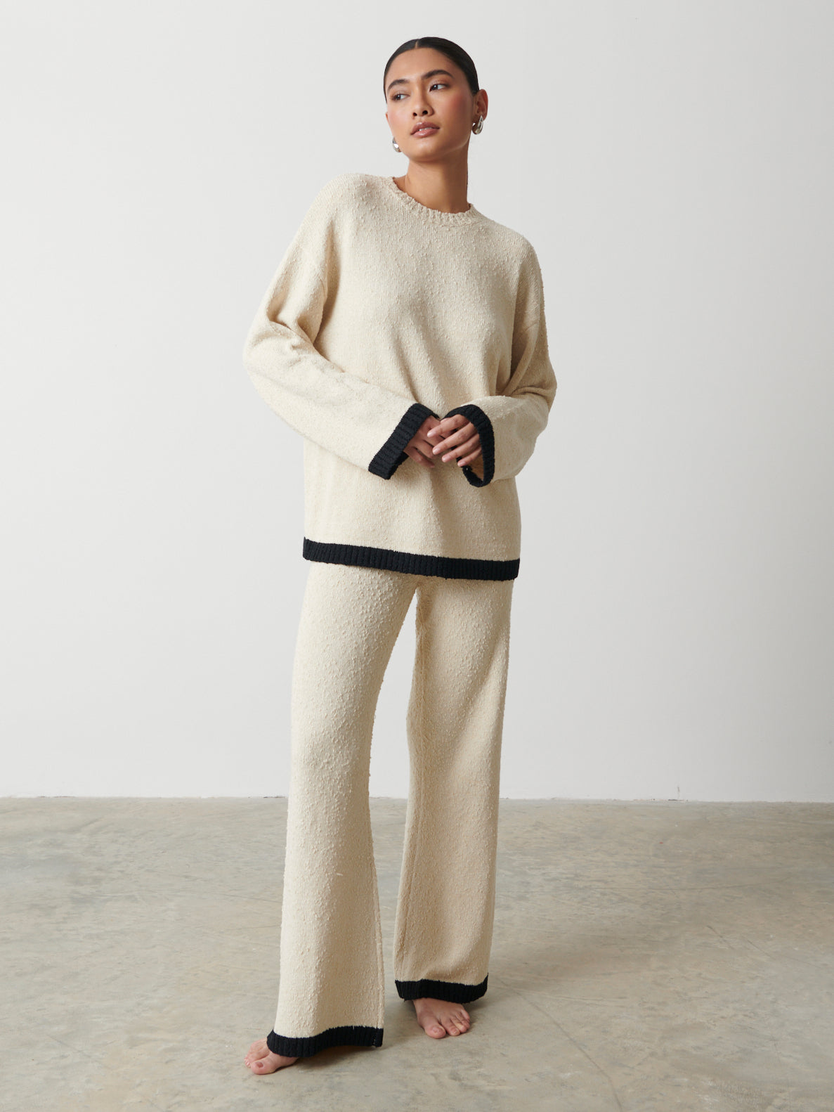 Roxie Contrast Textured Knit Trouser - Cream