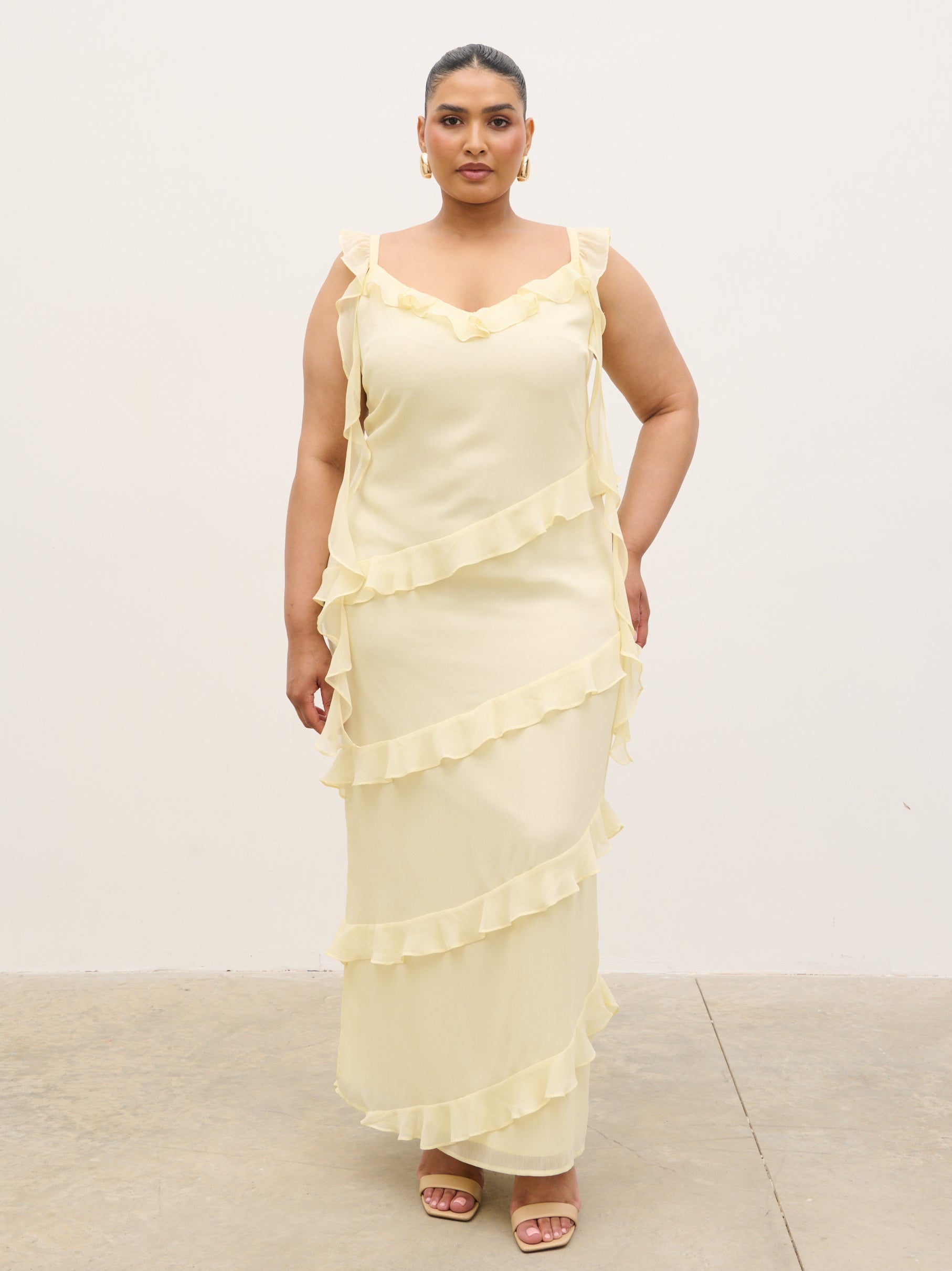 lemon maxi dress uk Starling | Lemon Matte Satin Plunge-Neck Maxi Dress With Scarf-Detail Club L London
