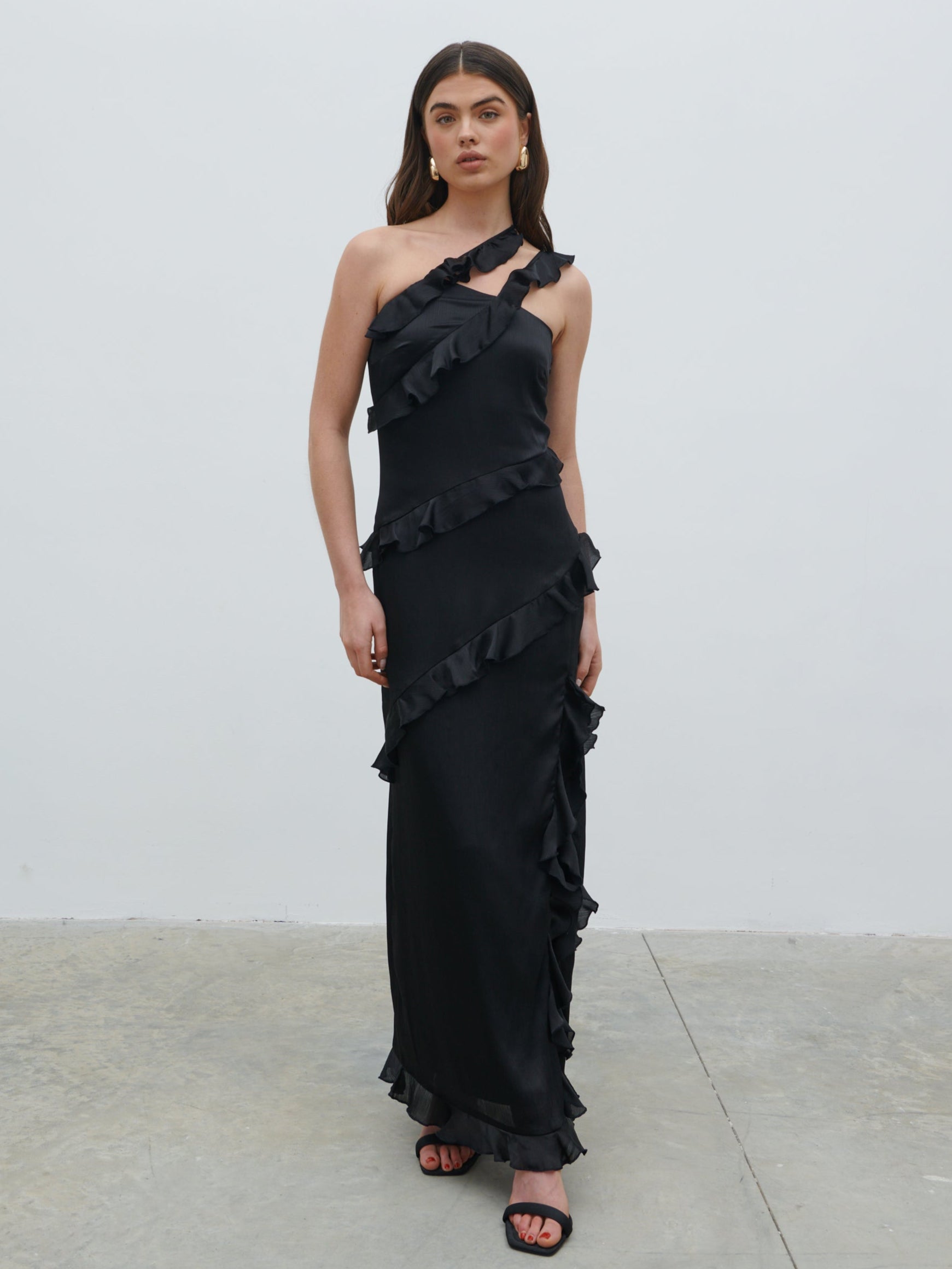 Sabina One Shoulder Ruffle Maxi Dress - Black