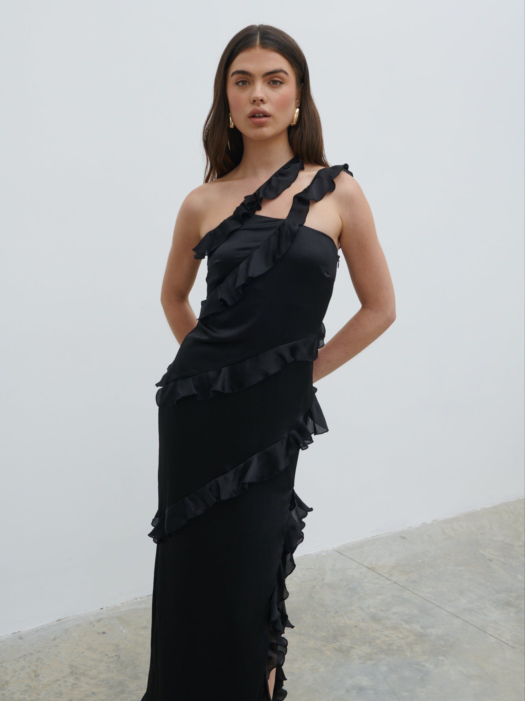 Sabina One Shoulder Ruffle Maxi Dress - Black