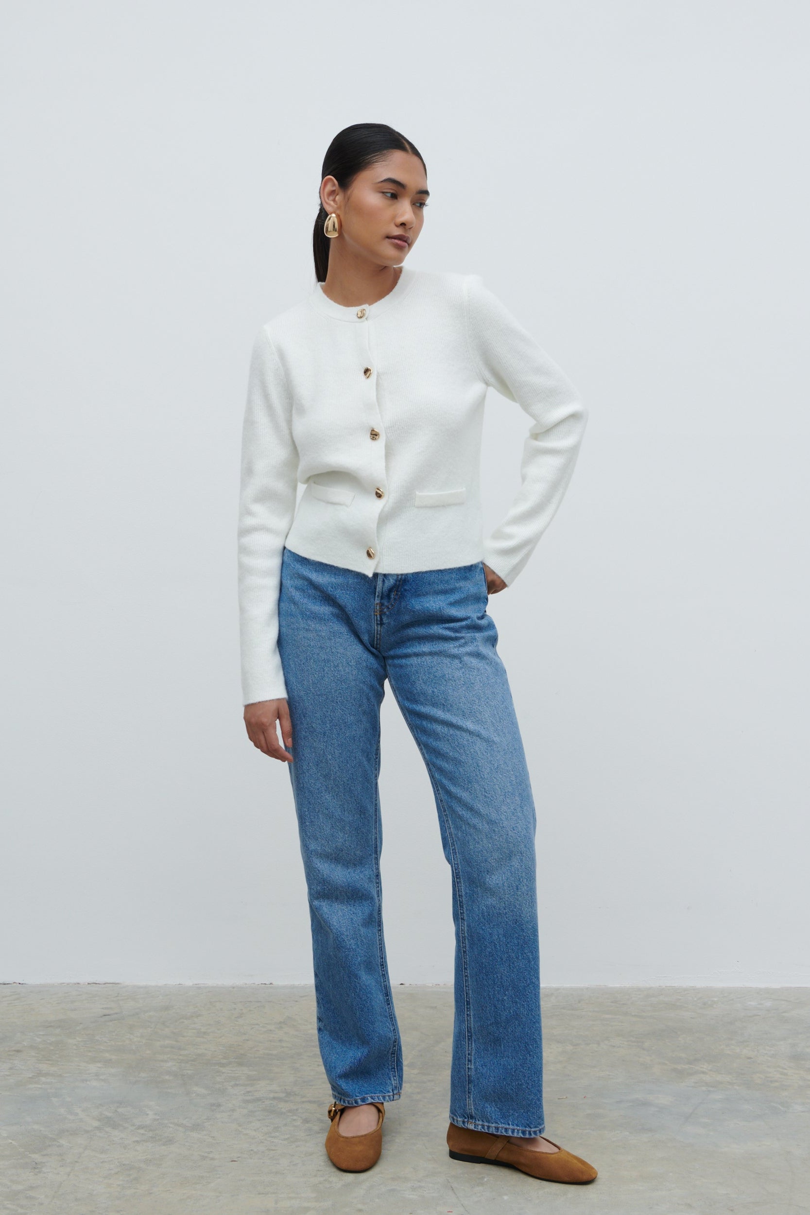 Sabrina Gold Button Knit Cardigan Ecru - Main Image