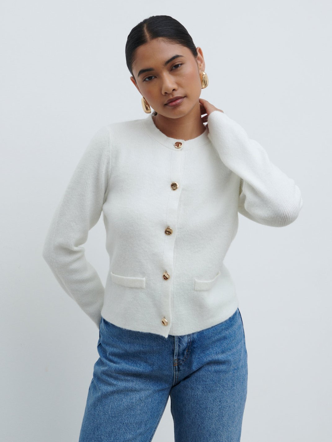 Sabrina Gold Button Knit Cardigan - Ecru