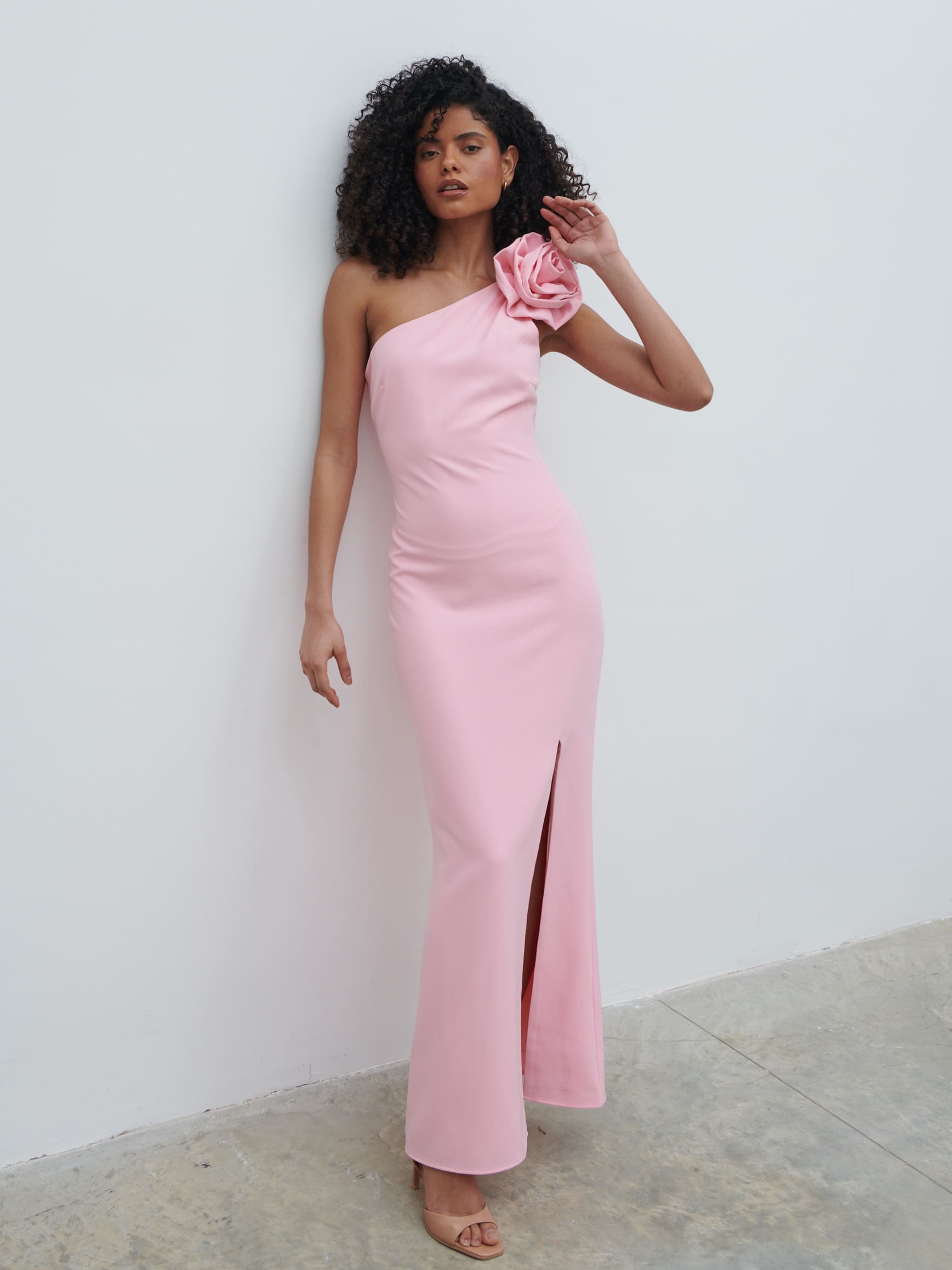 Samaya One Shoulder Detachable Corsage Maxi Dress Posie Pink