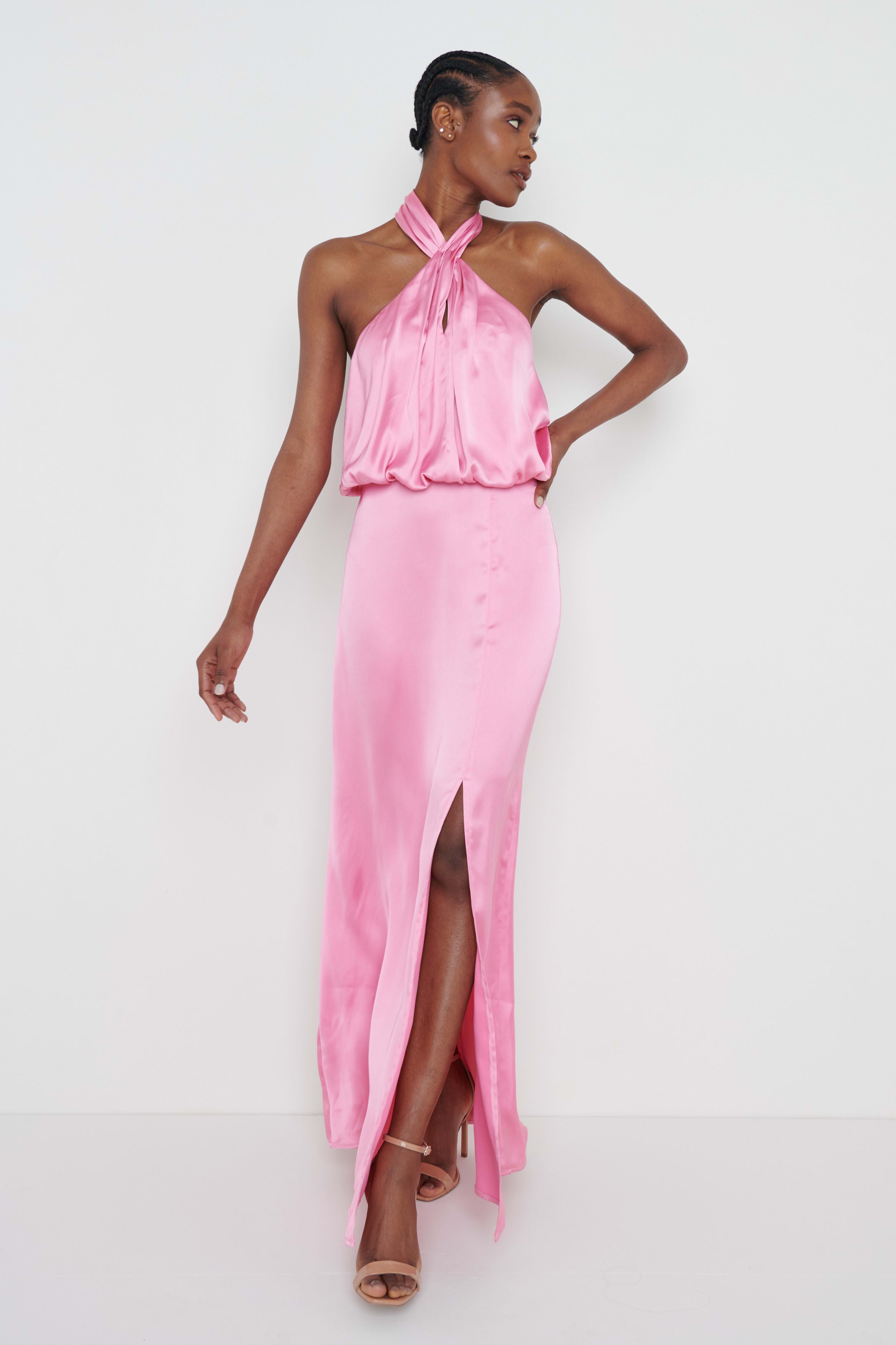 knot halter neck dress Esmerelda Satin Double Knotted Halter Neck Dress
