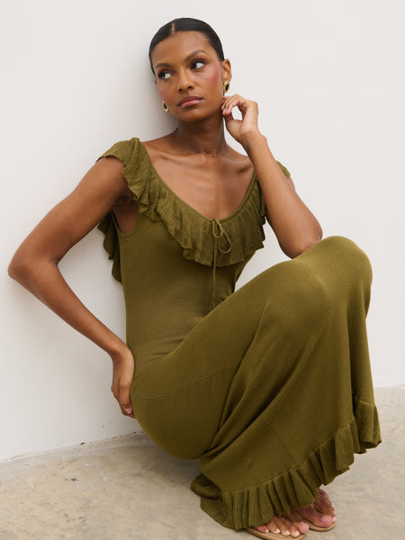 Sascha Frill Detail Knit Midaxi Dress - Tarragon Green – Pretty Lavish