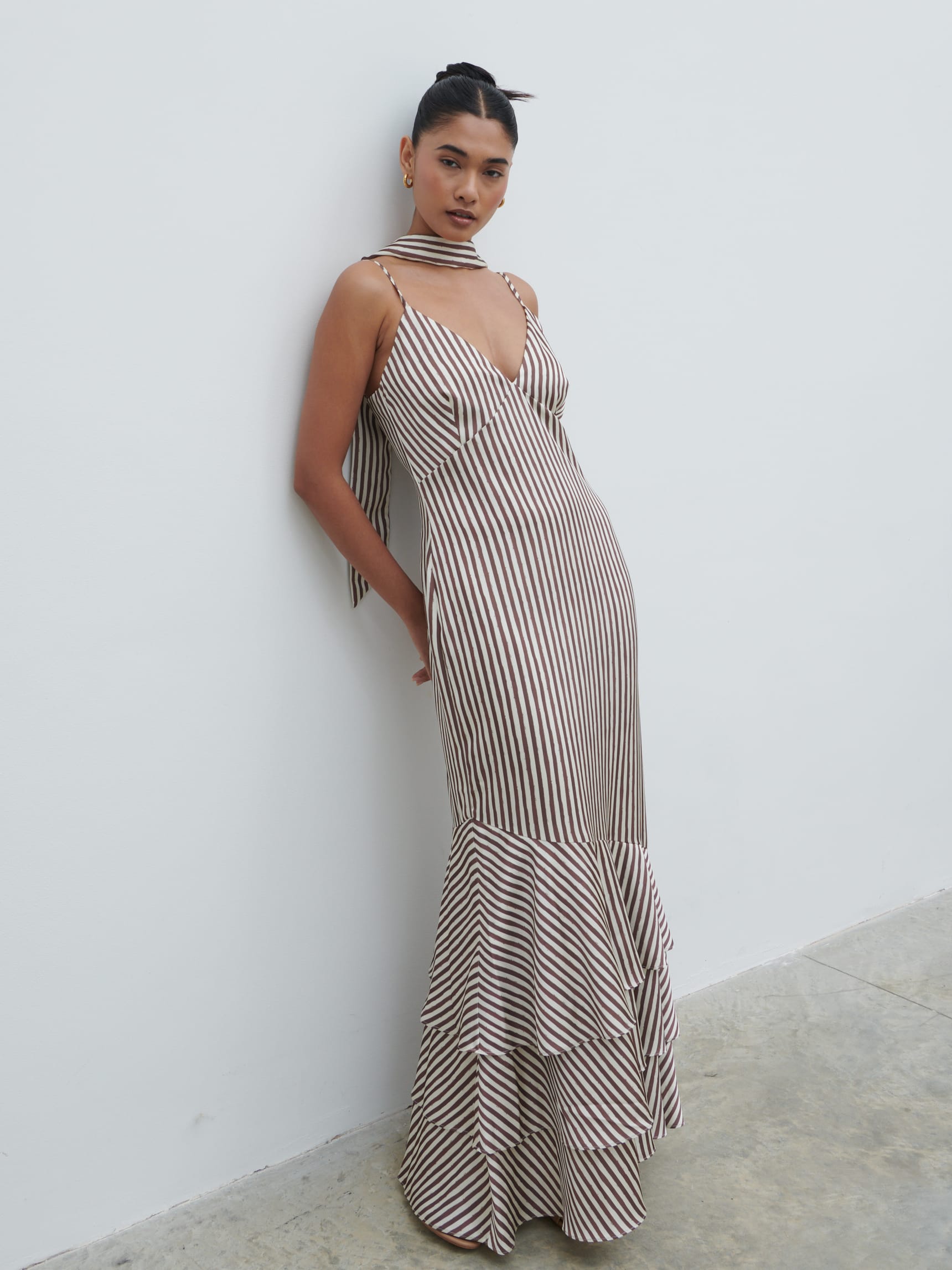 Serita V Neck Tiered Maxi Dress - Brown and Cream Stripe Pretty Lavish Serita V Neck Tiered Maxi Dress - Brown and Cream Stripe Pretty Lavish