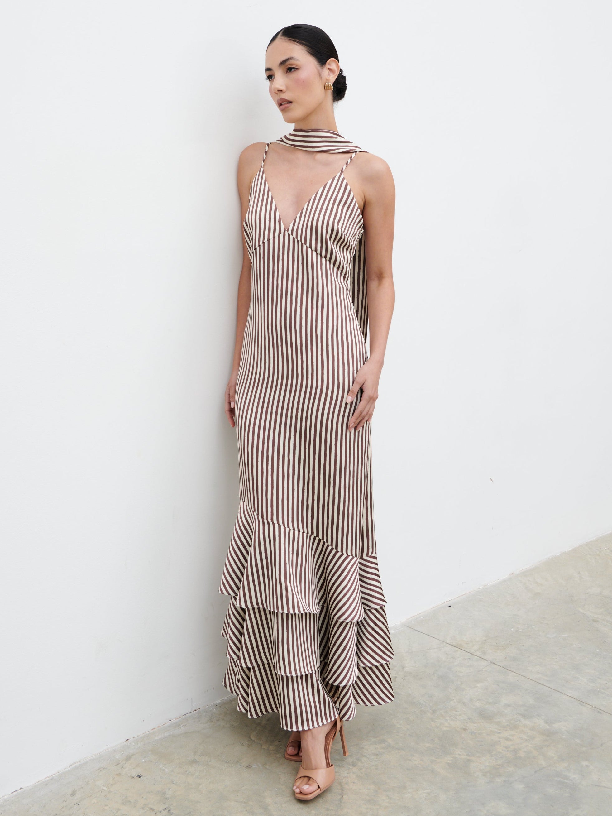 brown and cream dress Serita V Neck Tiered Maxi Dress