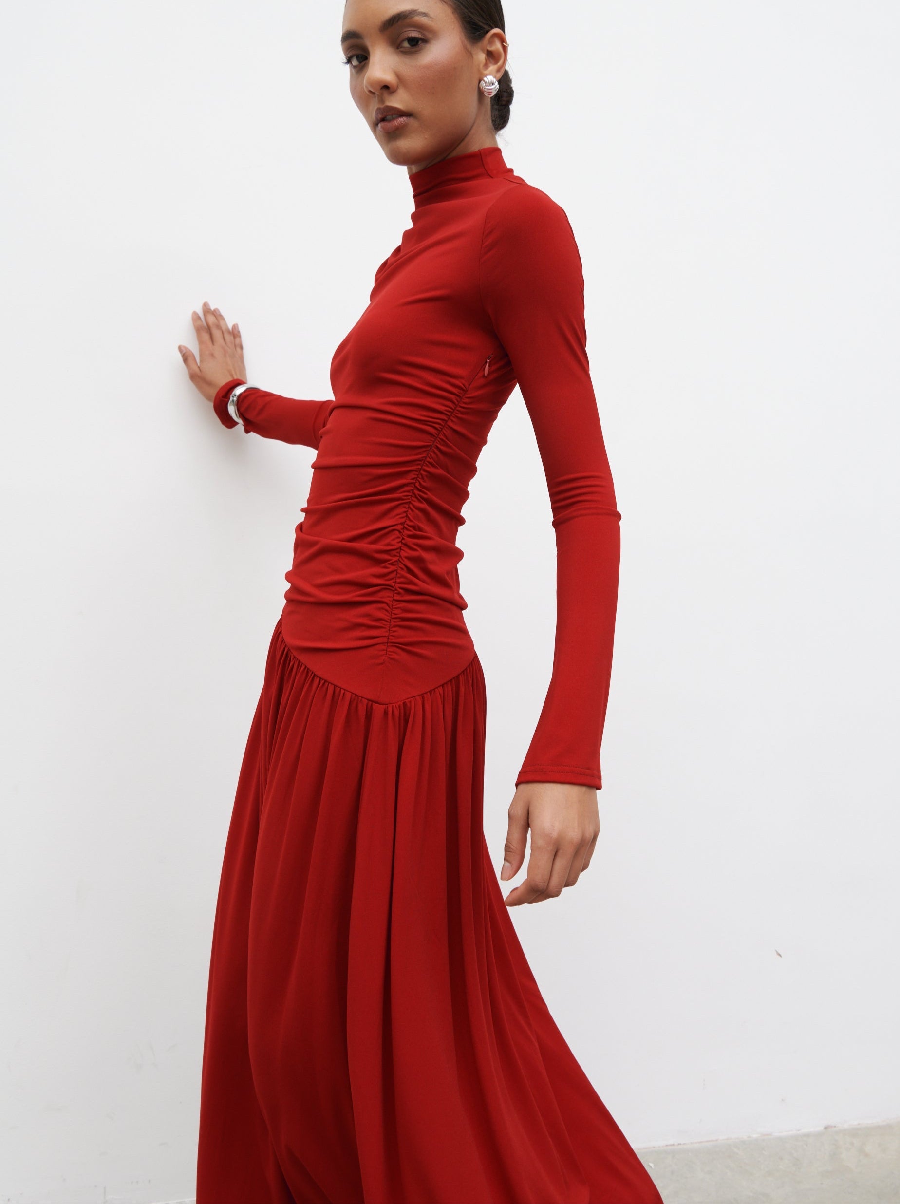 fitted lace wedding dress Carolina Herrera Ruched Stretch-Jersey Maxi Dress in Red – Runway Catalog