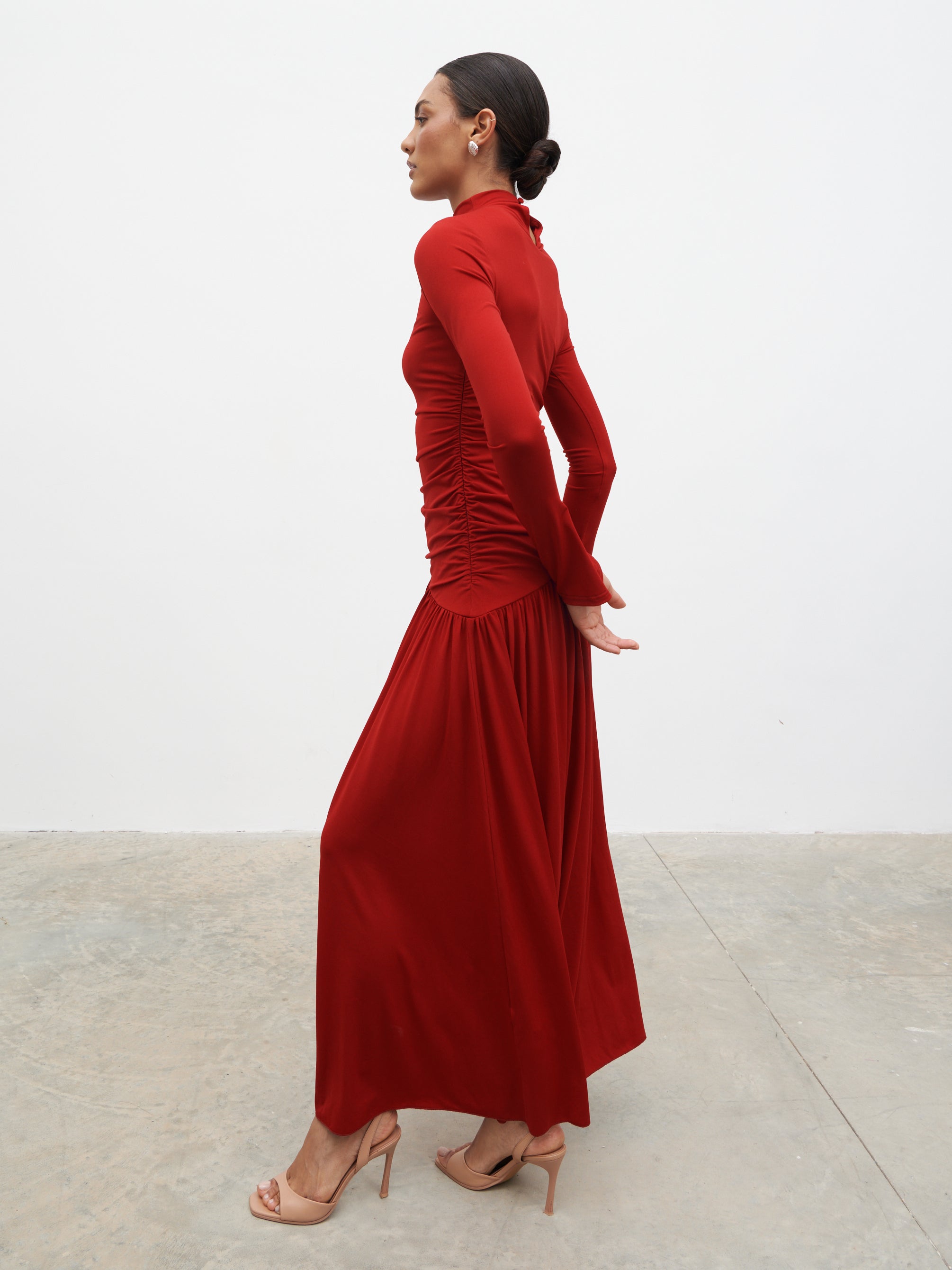 Shai Ruched Jersey Maxi Dress - Red Pretty Lavish Shai Ruched Jersey Maxi Dress - Red Pretty Lavish