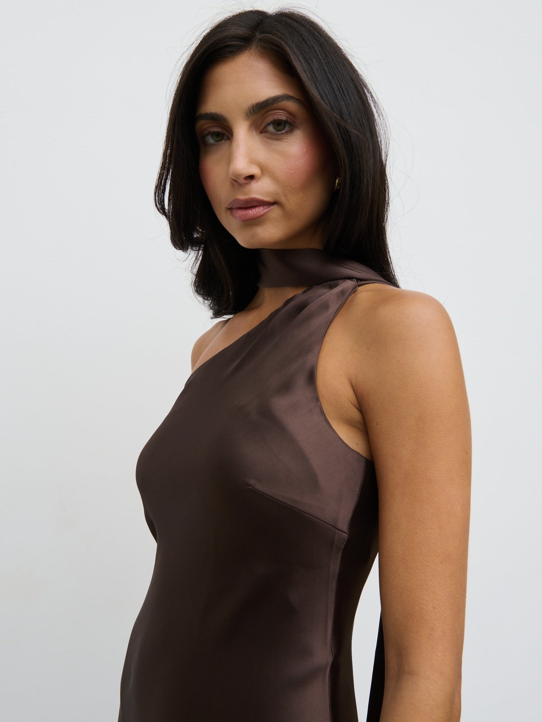 Sheree One Shoulder Sash Maxi Dress - Chocolate Brown Pretty Lavish Sheree One Shoulder Sash Maxi Dress - Chocolate Brown Pretty Lavish