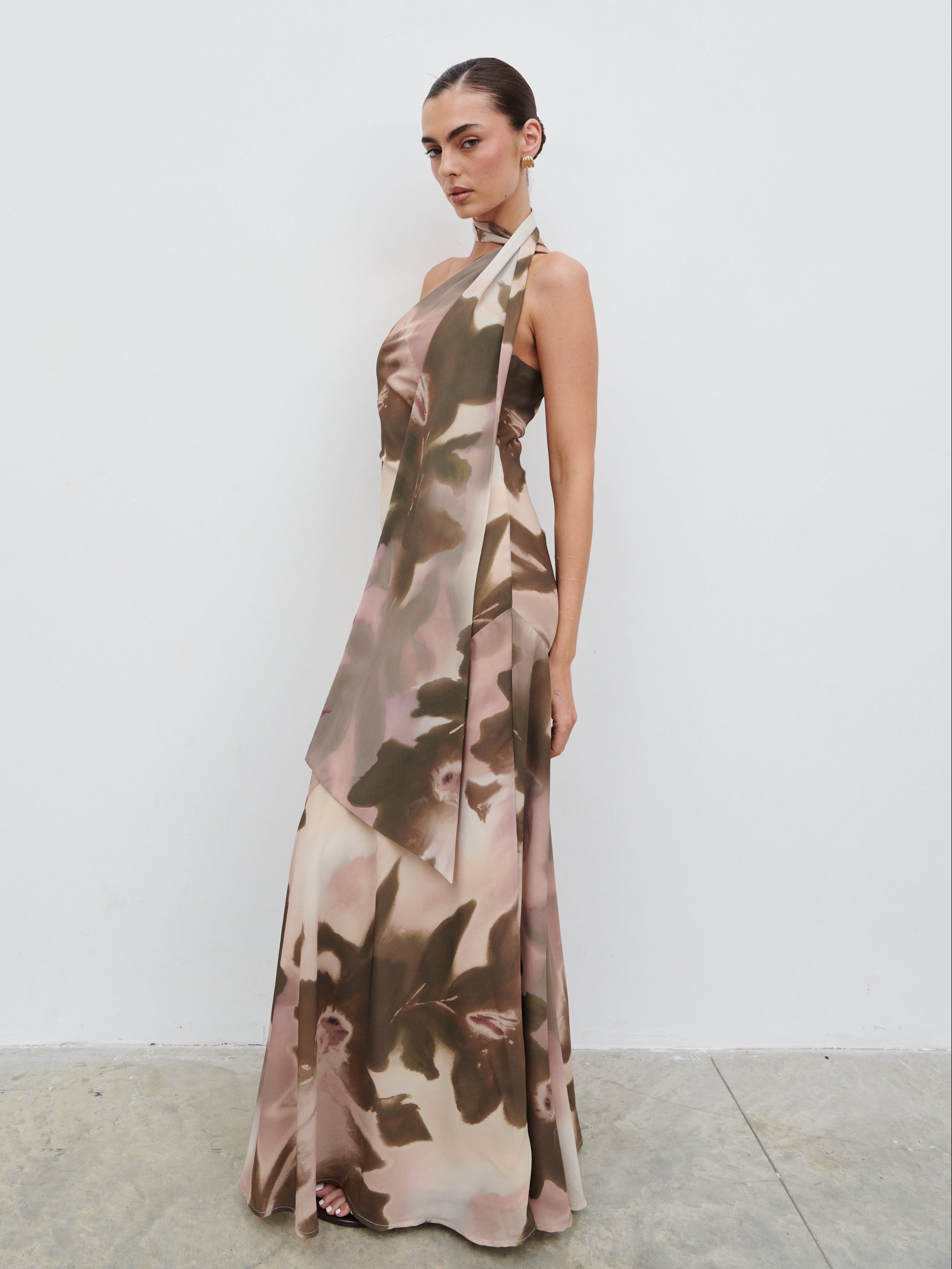 Sheree One Shoulder Chiffon Maxi Dress - Neutral Watercolour Floral Pretty Lavish Sheree One Shoulder Chiffon Maxi Dress - Neutral Watercolour Floral Pretty Lavish