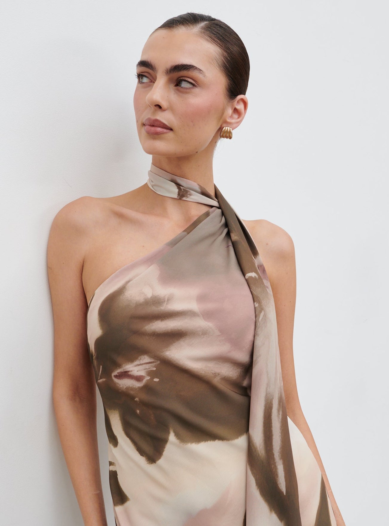 Sheree One Shoulder Chiffon Maxi Dress - Neutral Watercolour Floral   Pretty Lavish