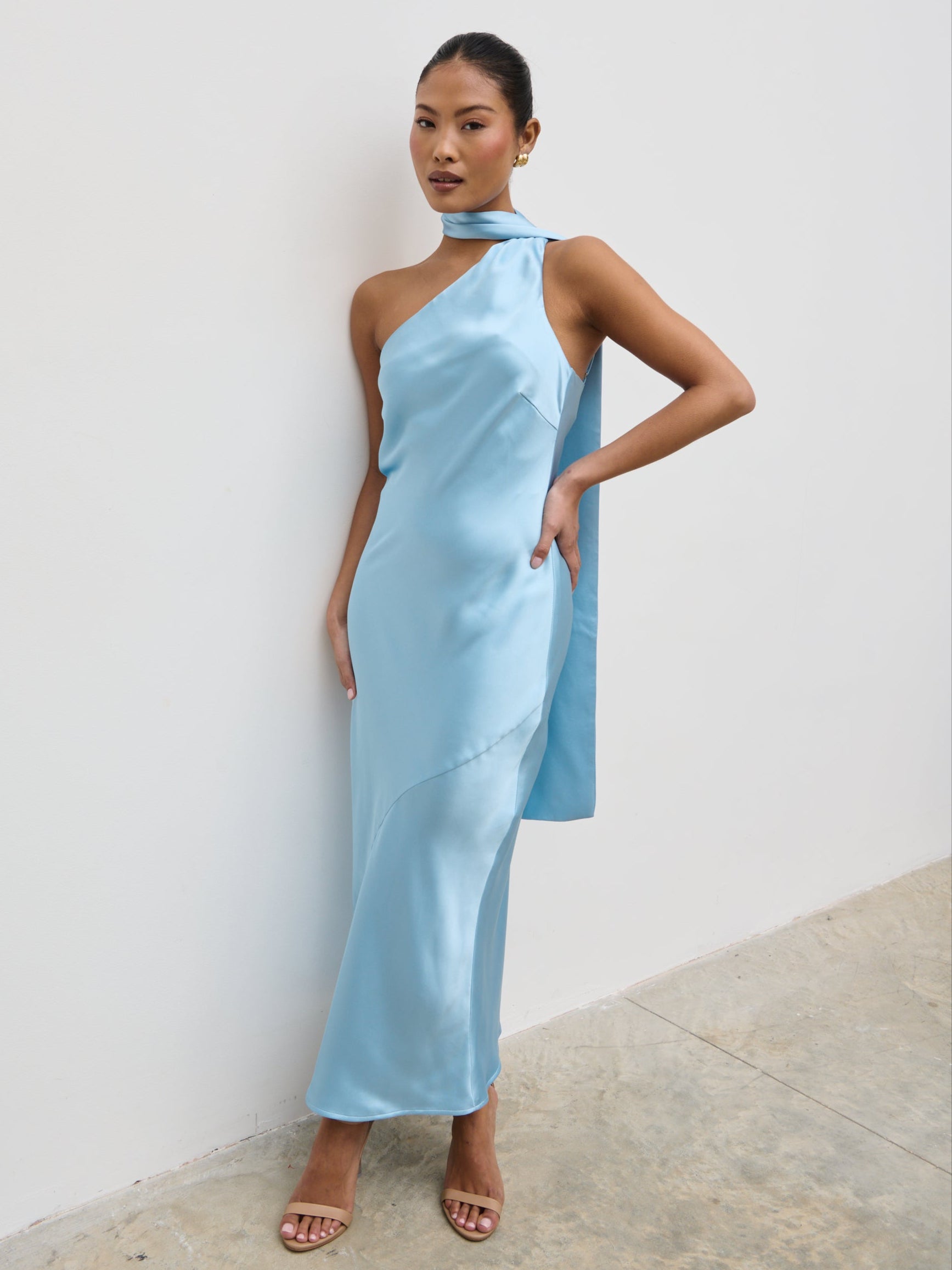 one shoulder scarf satin midi dress One Shoulder Satin Maxi Dress with Scarf Detail