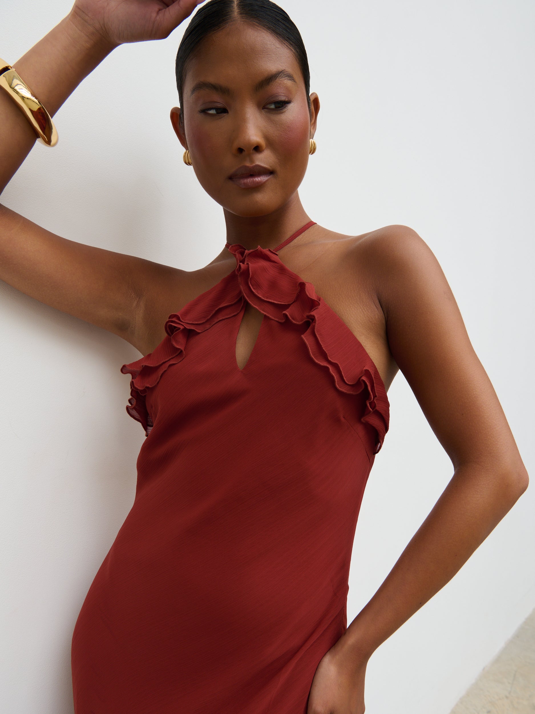 Halter Neck Rust Slip Dress Sofia Halter Neck Ruffle Maxi Dress Rust