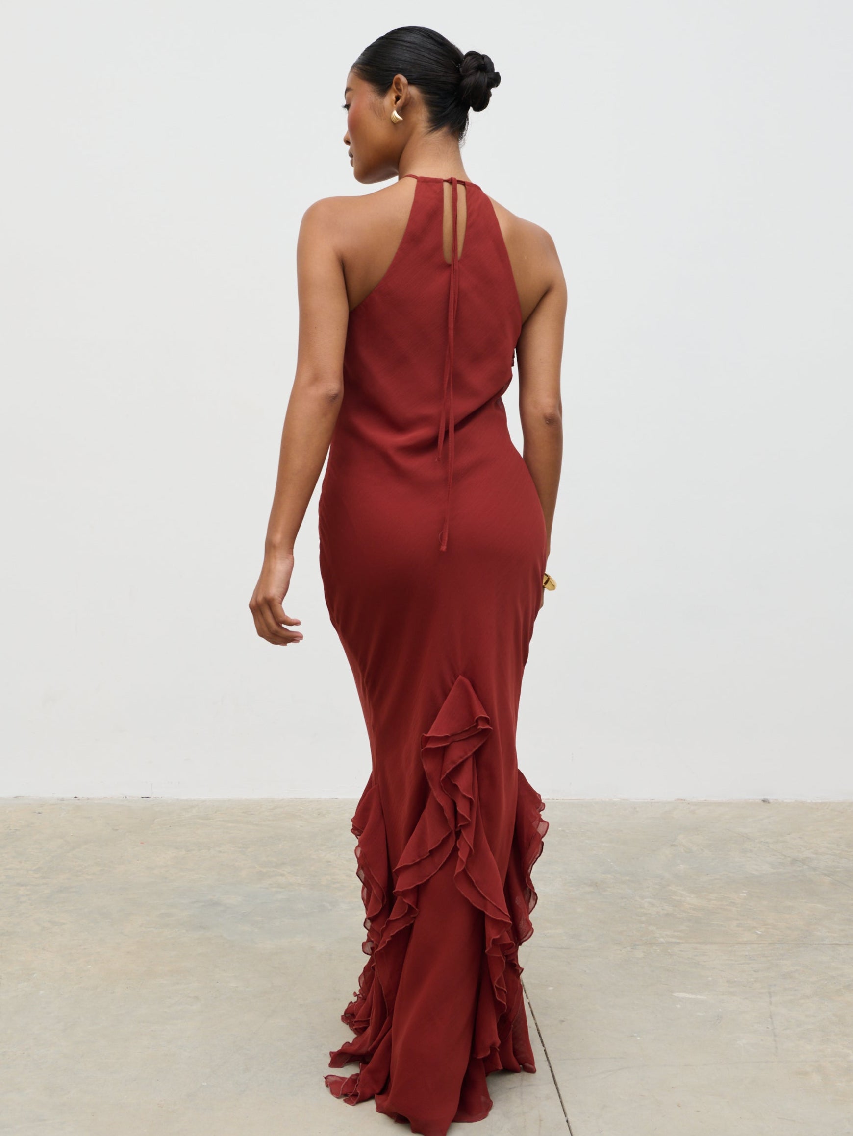 Sofia Halter Neck Ruffle Maxi Dress - Rust Pretty Lavish Sofia Halter Neck Ruffle Maxi Dress - Rust Pretty Lavish