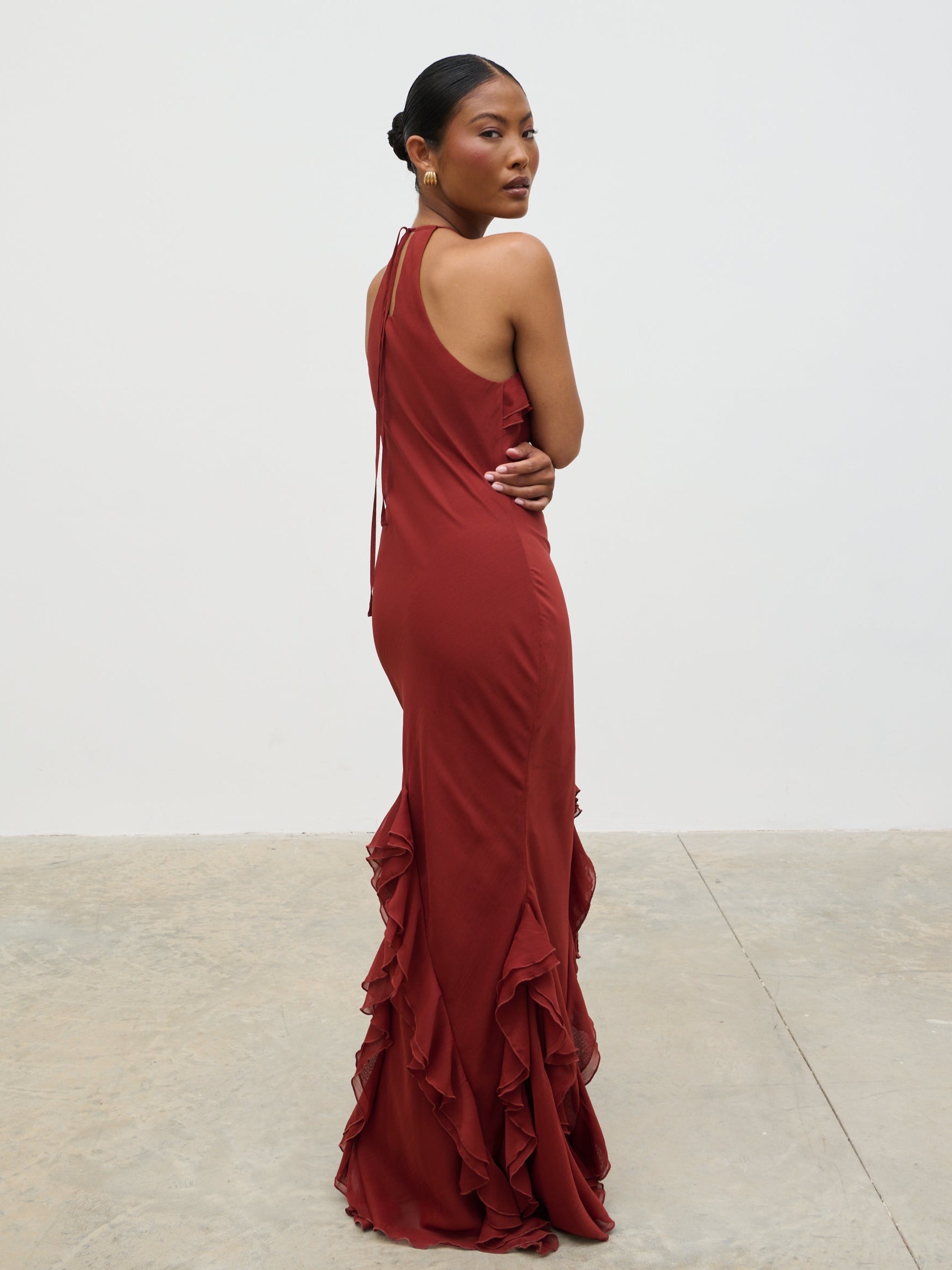 Sofia Halter Neck Ruffle Maxi Dress - Rust Sofia Halter Neck Ruffle Maxi Dress - Rust