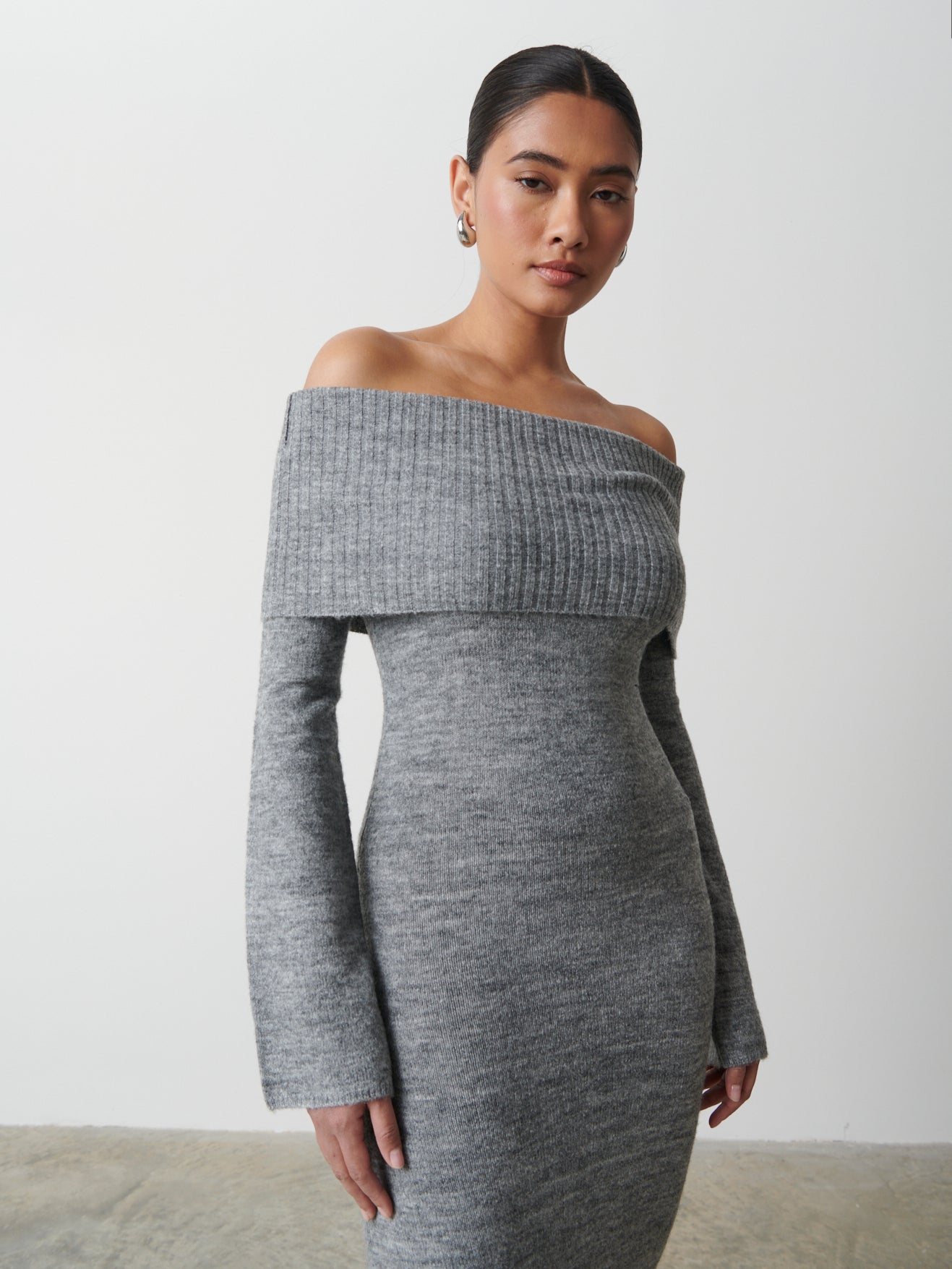 Soreya Bardot Soft Knit Dress - Charcoal