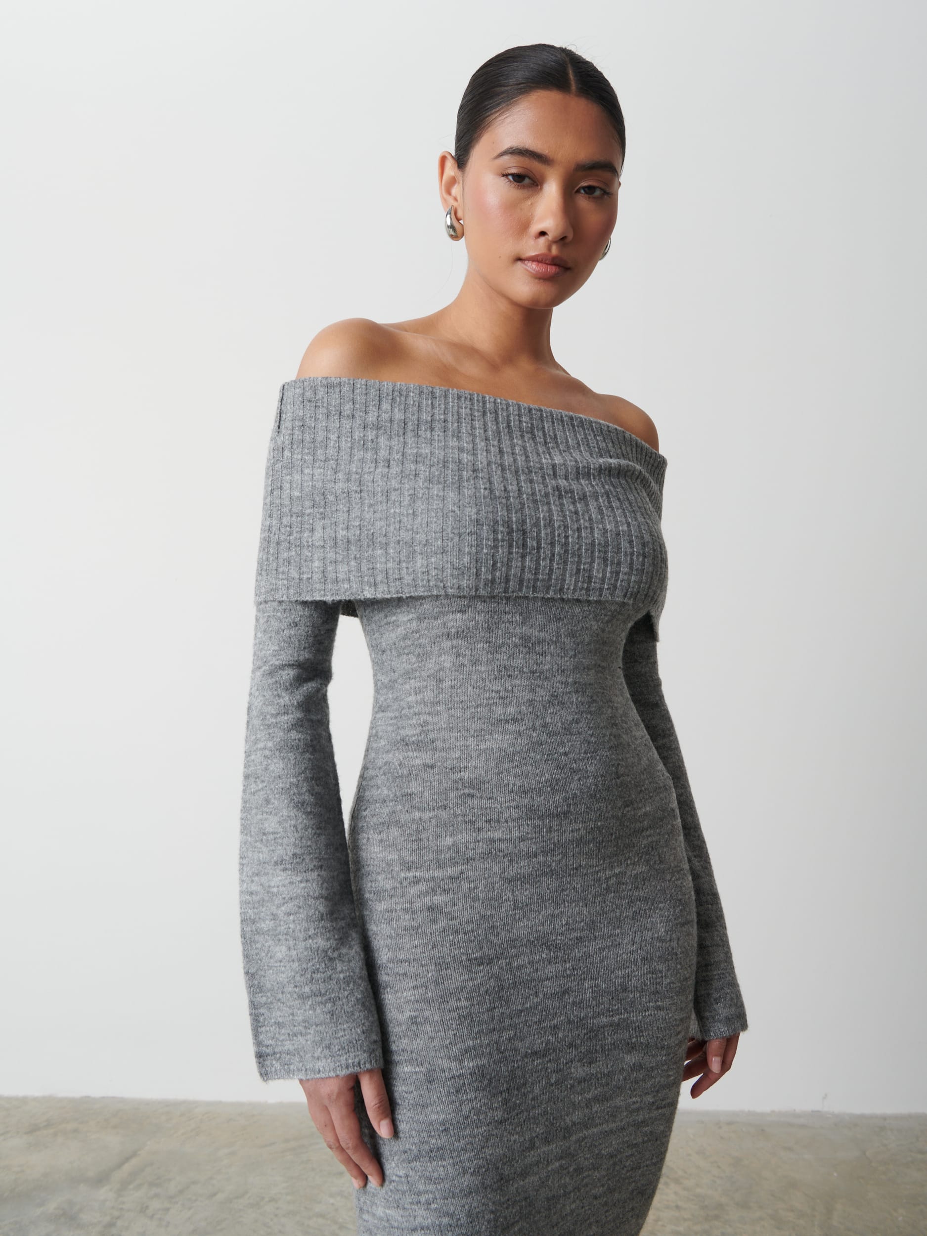 Soreya Bardot Soft Knit Dress - Charcoal Pretty Lavish Soreya Bardot Soft Knit Dress - Charcoal Pretty Lavish